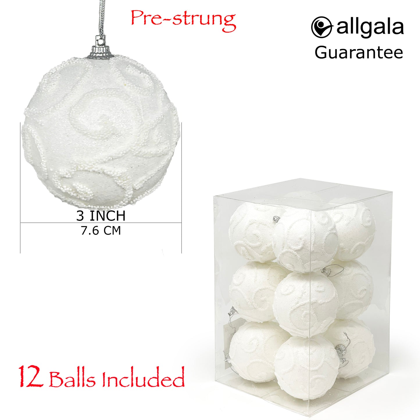 Allgala Christmas Ornament Balls 12 Pack 3 Inch - Glitter Decorated Foam