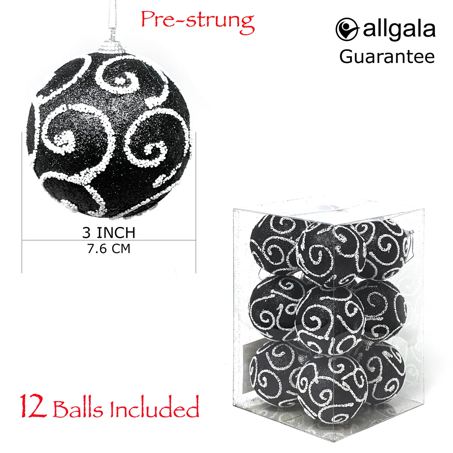 Allgala Christmas Ornament Balls 12 Pack 3 Inch - Glitter Decorated Foam
