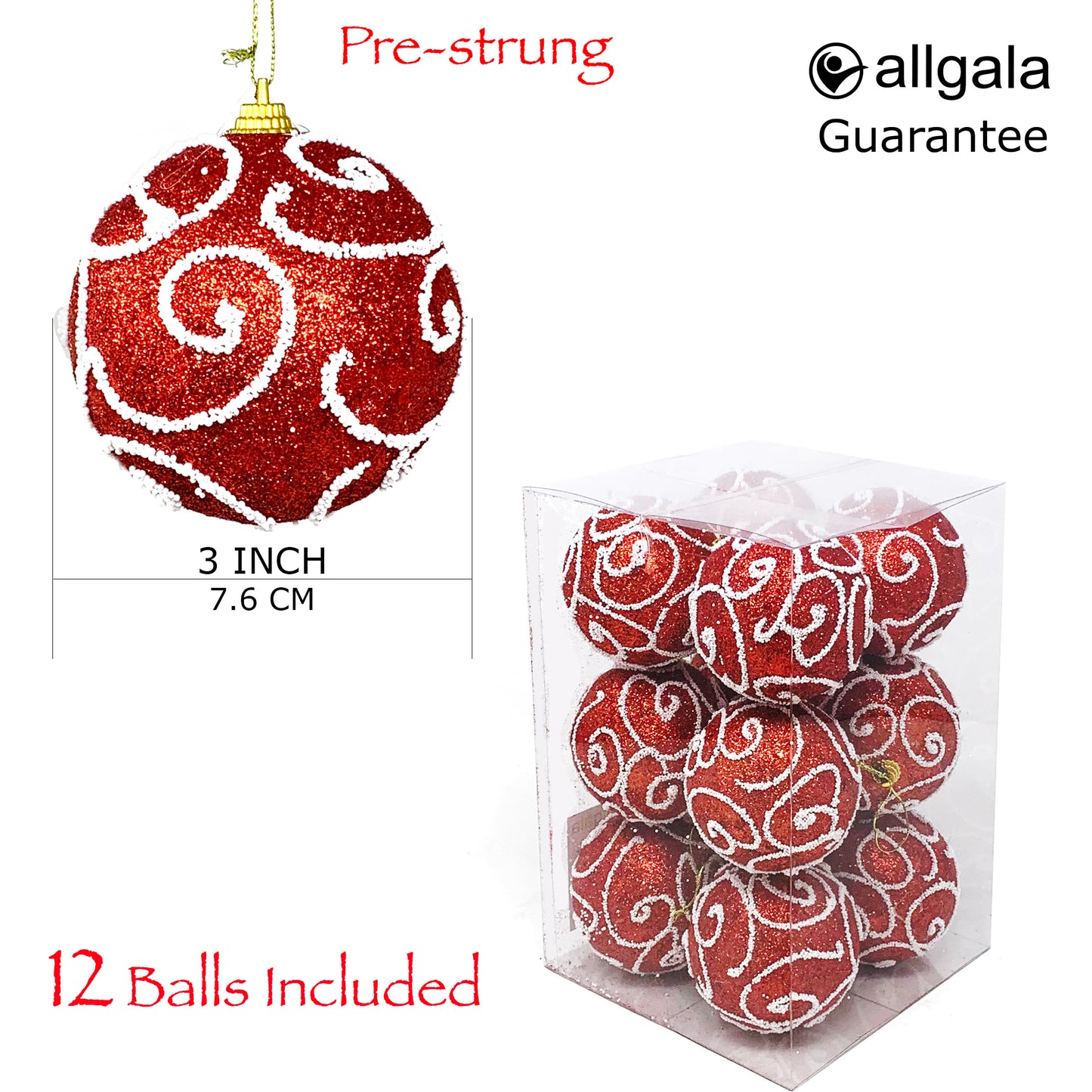 Allgala Christmas Ornament Balls 12 Pack 3 Inch - Glitter Decorated Foam