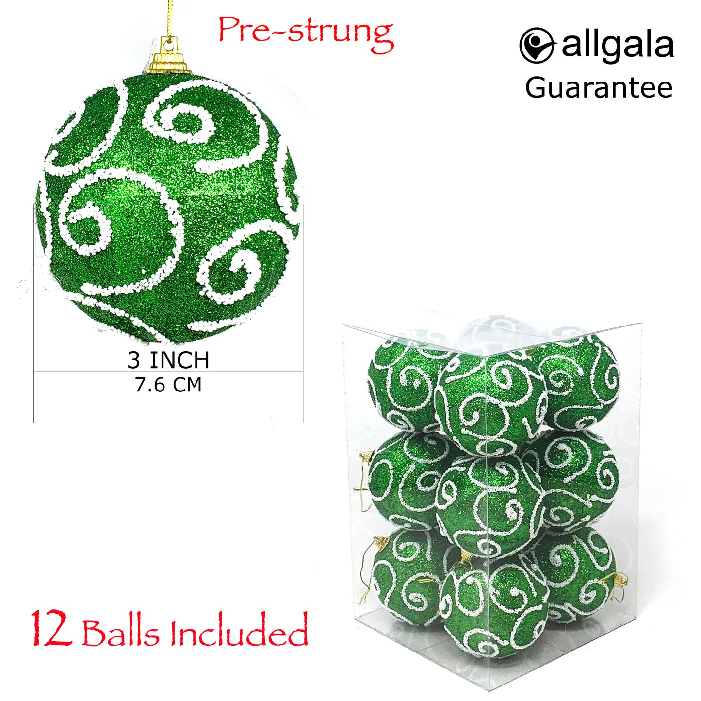 Allgala Christmas Ornament Balls 12 Pack 3 Inch - Glitter Decorated Foam