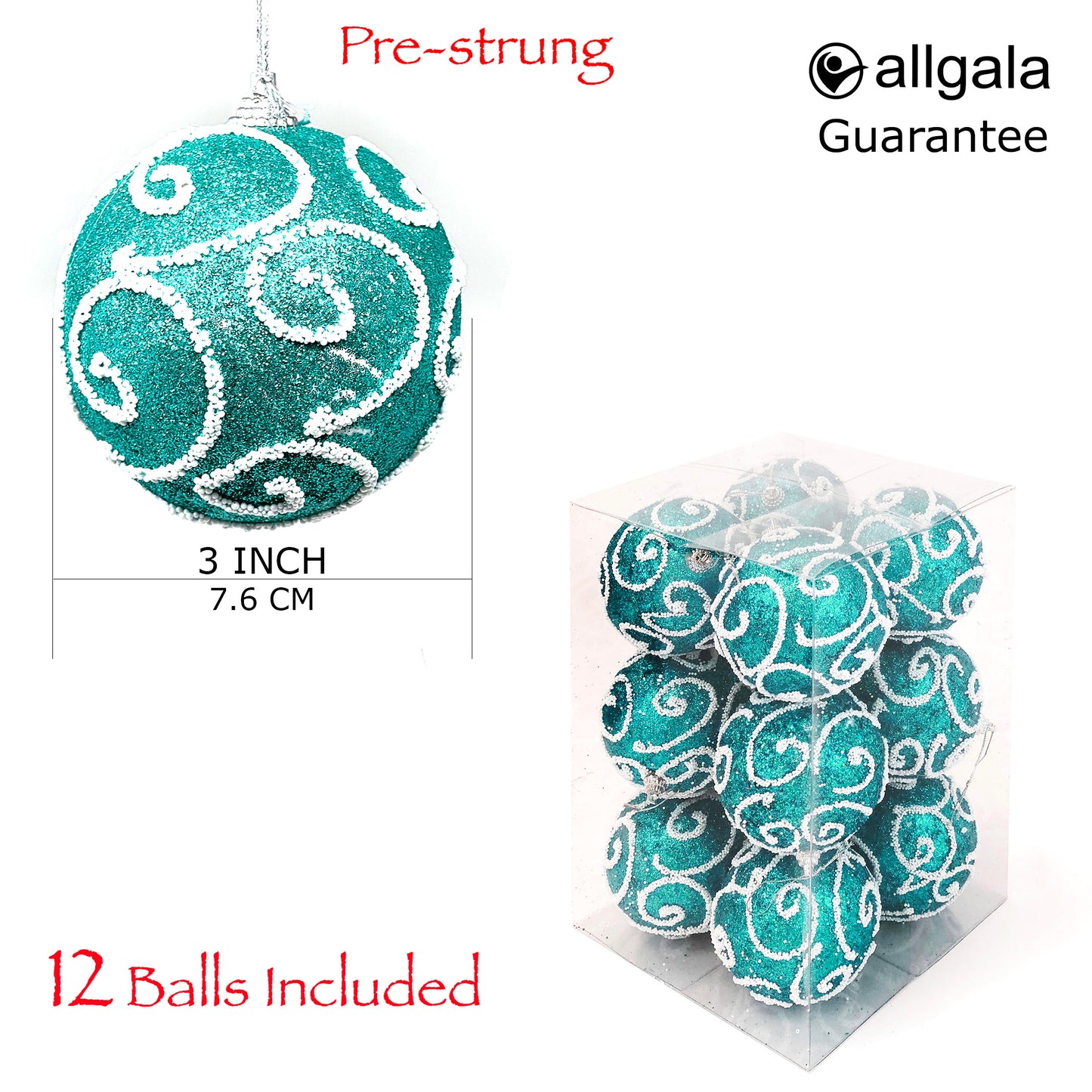 Allgala Christmas Ornament Balls 12 Pack 3 Inch - Glitter Decorated Foam