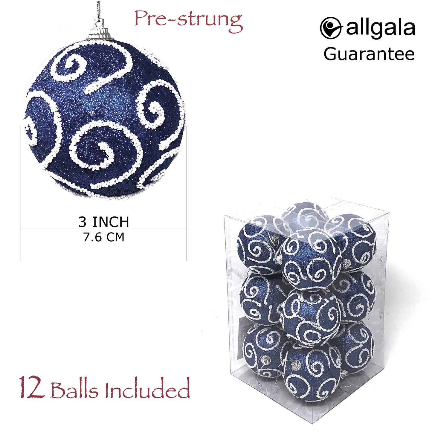 Allgala Christmas Ornament Balls 12 Pack 3 Inch - Glitter Decorated Foam
