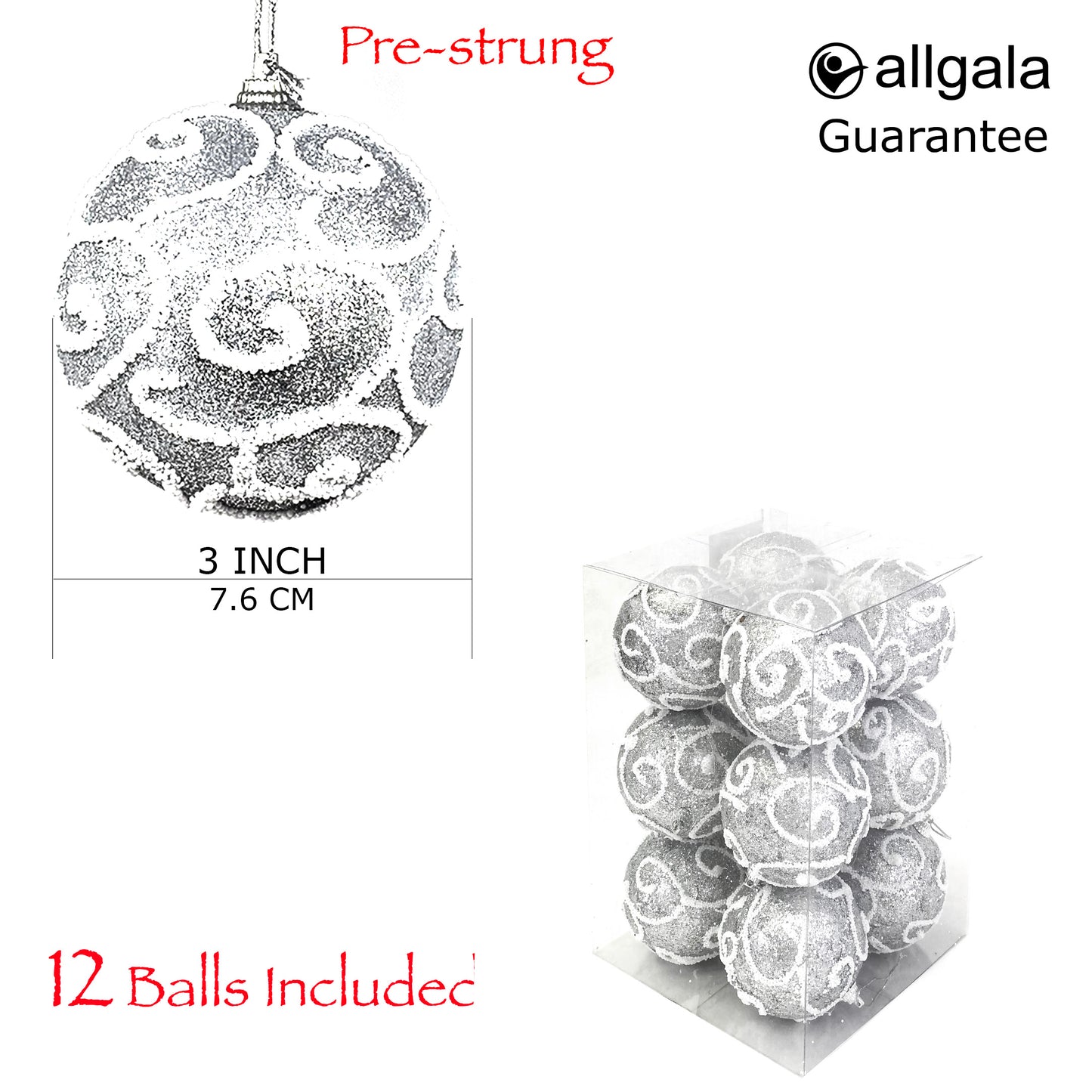 Allgala Christmas Ornament Balls 12 Pack 3 Inch - Glitter Decorated Foam