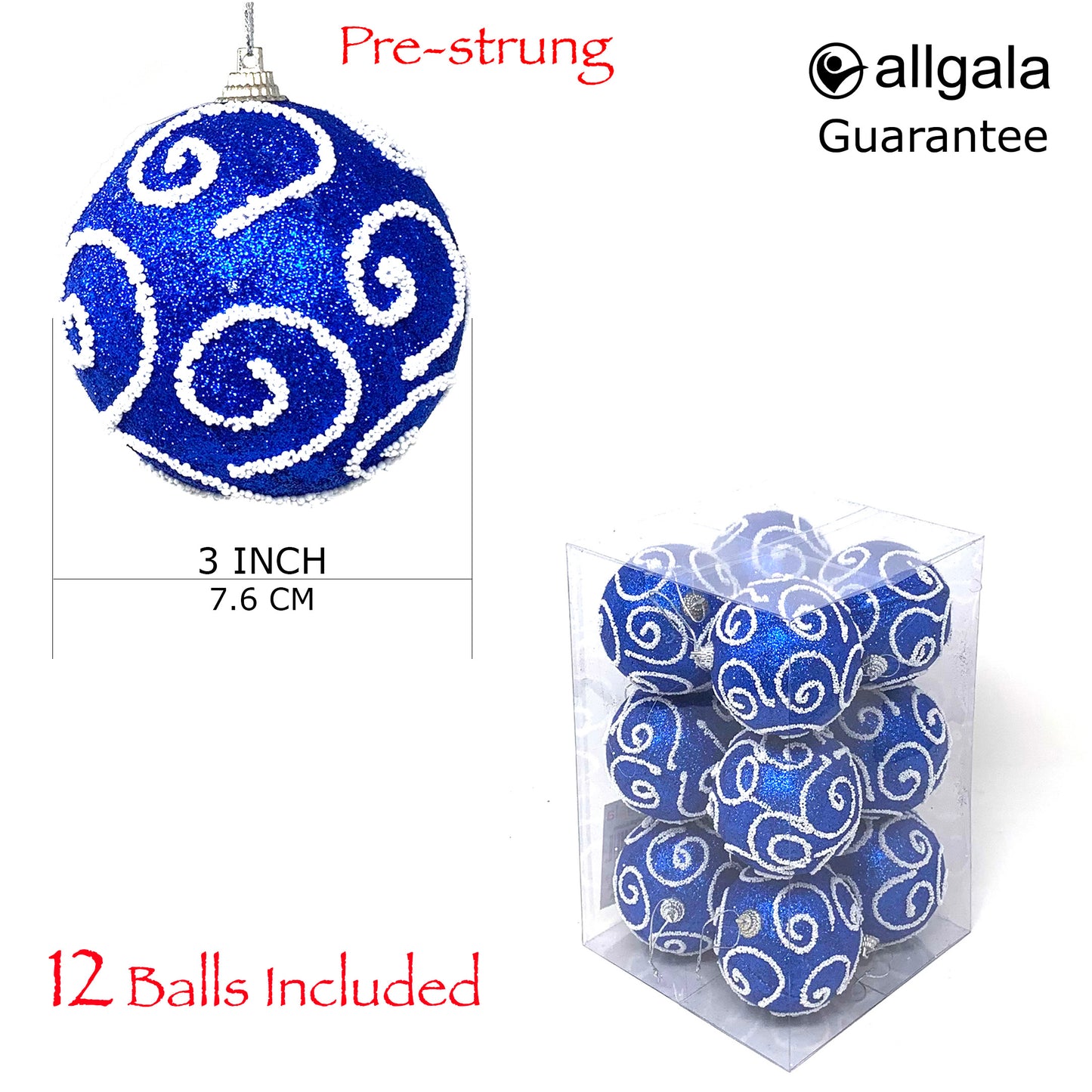 Allgala Christmas Ornament Balls 12 Pack 3 Inch - Glitter Decorated Foam