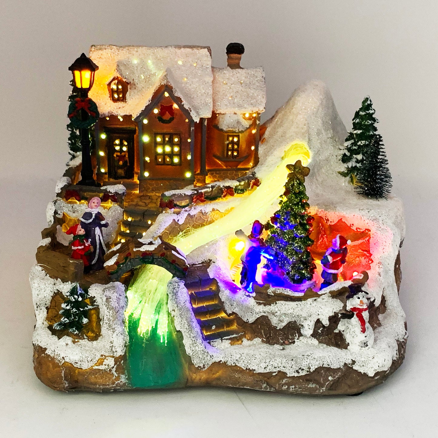 Crafted Polyresin Christmas House Collectable Décor Building House Figurine with USB and Battery Dual Power Source-House and river-XH93406