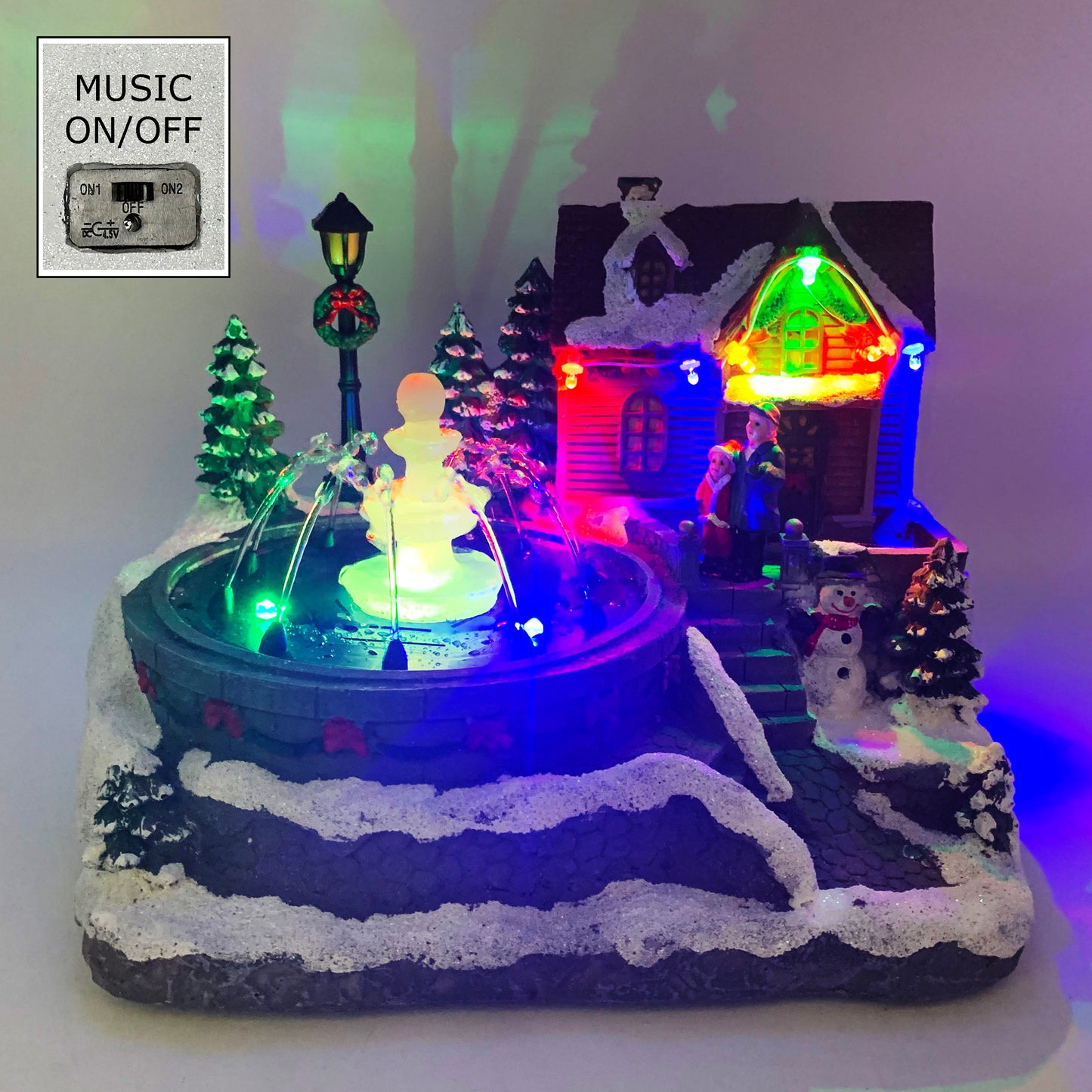 Crafted Polyresin Christmas House Collectable Décor Building House Figurine with USB and Battery Dual Power Source-House and fountain-XH93407