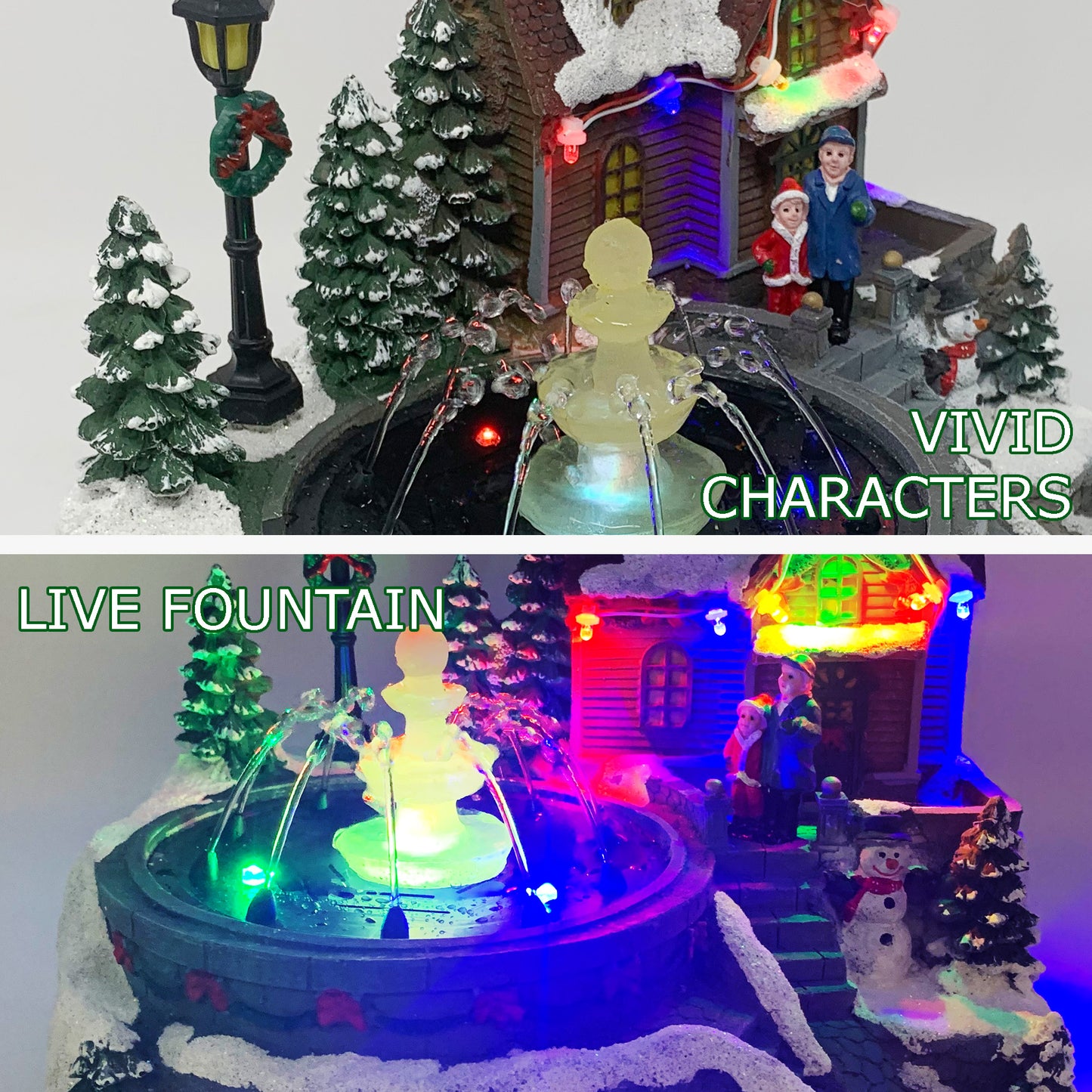 Crafted Polyresin Christmas House Collectable Décor Building House Figurine with USB and Battery Dual Power Source-House and fountain-XH93407