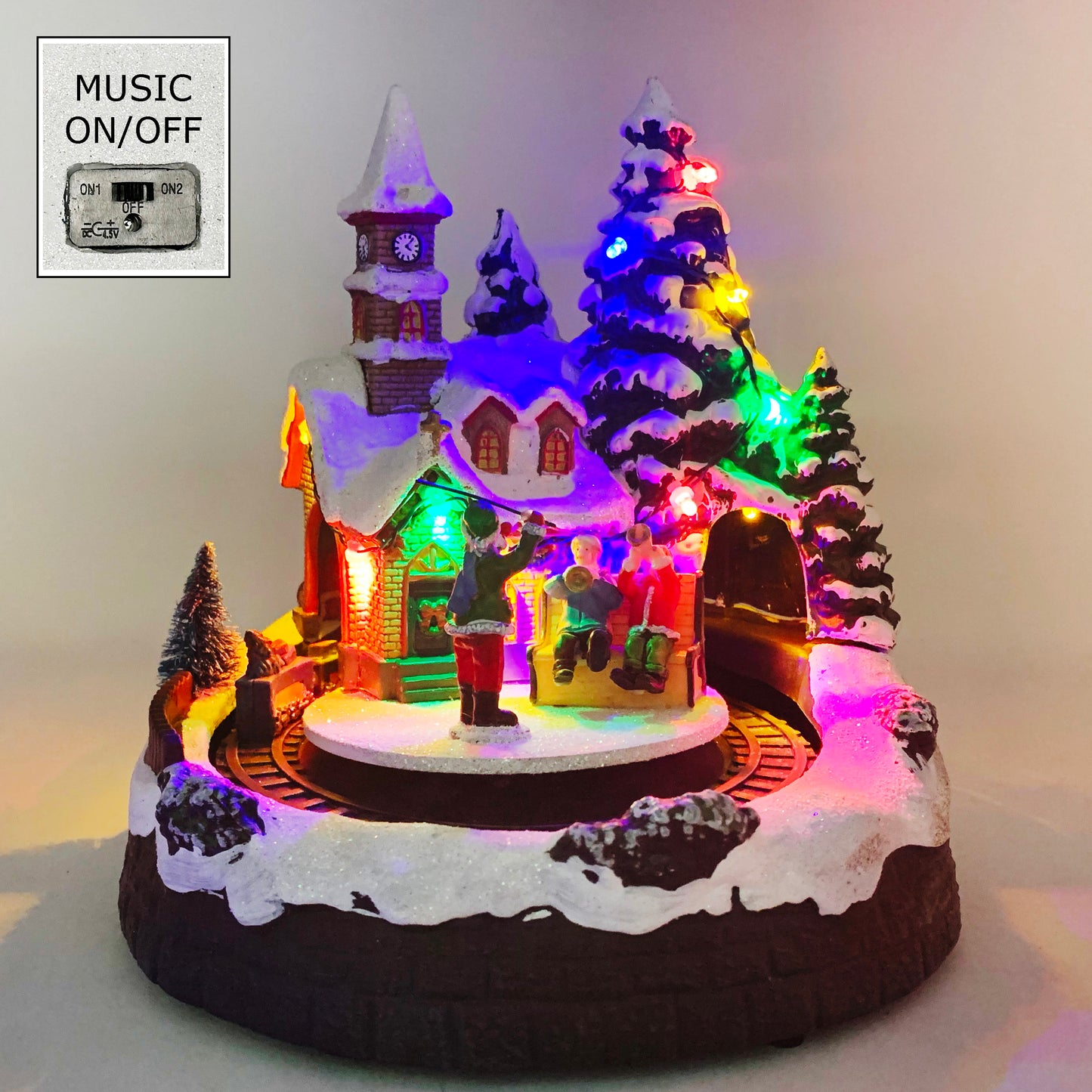 Crafted Polyresin Christmas House Collectable Décor Building House Figurine with USB and Battery Dual Power Source-Moving Train and Wind Players-XH93412