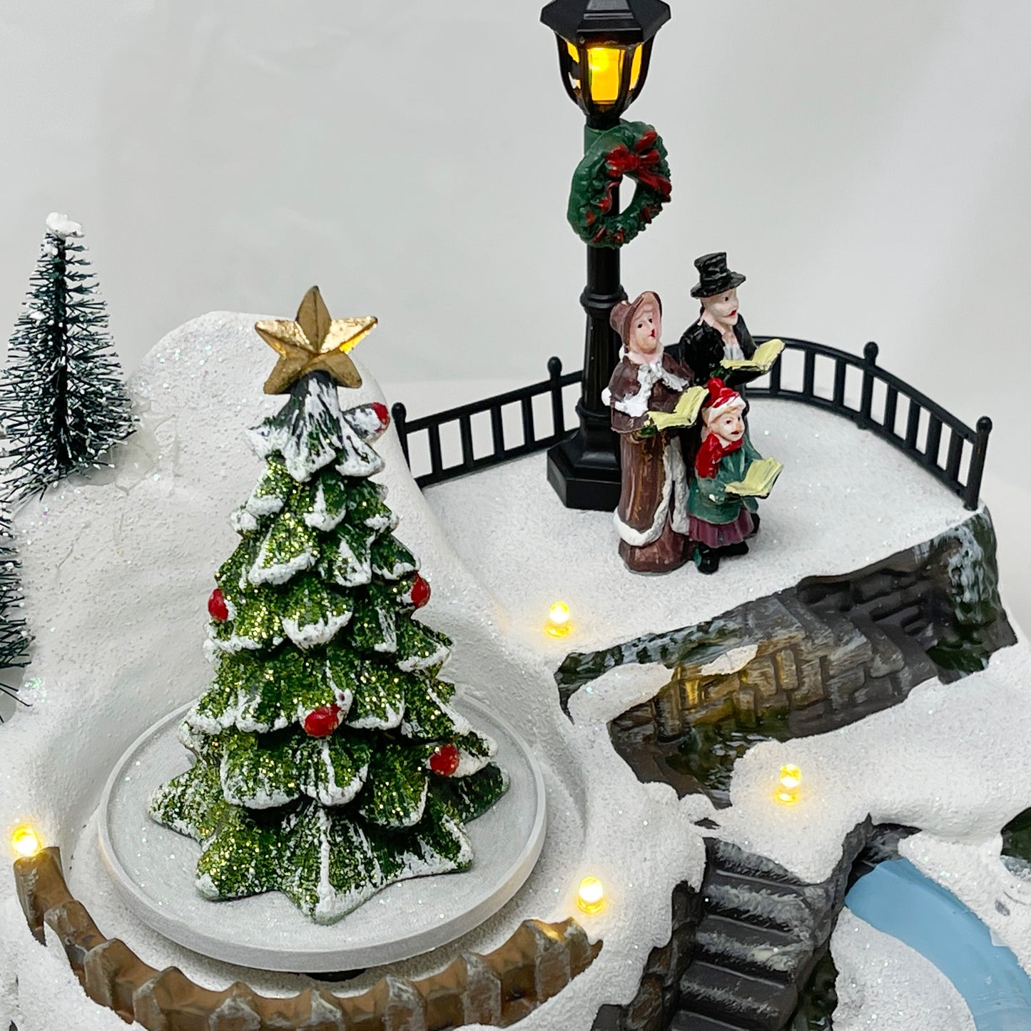 Crafted Polyresin Christmas House Collectable Figurine with USB and Battery Dual Power Source-Family Choir and Tree-XH93415