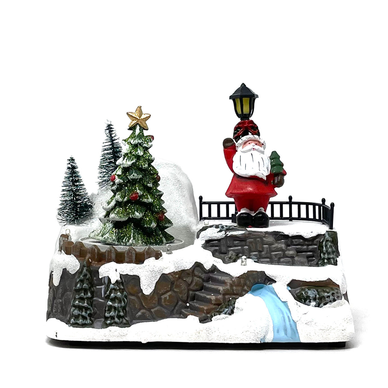 Crafted Polyresin Christmas House Collectable Figurine with USB and Battery Dual Power Source-Santa and Tree-XH93416