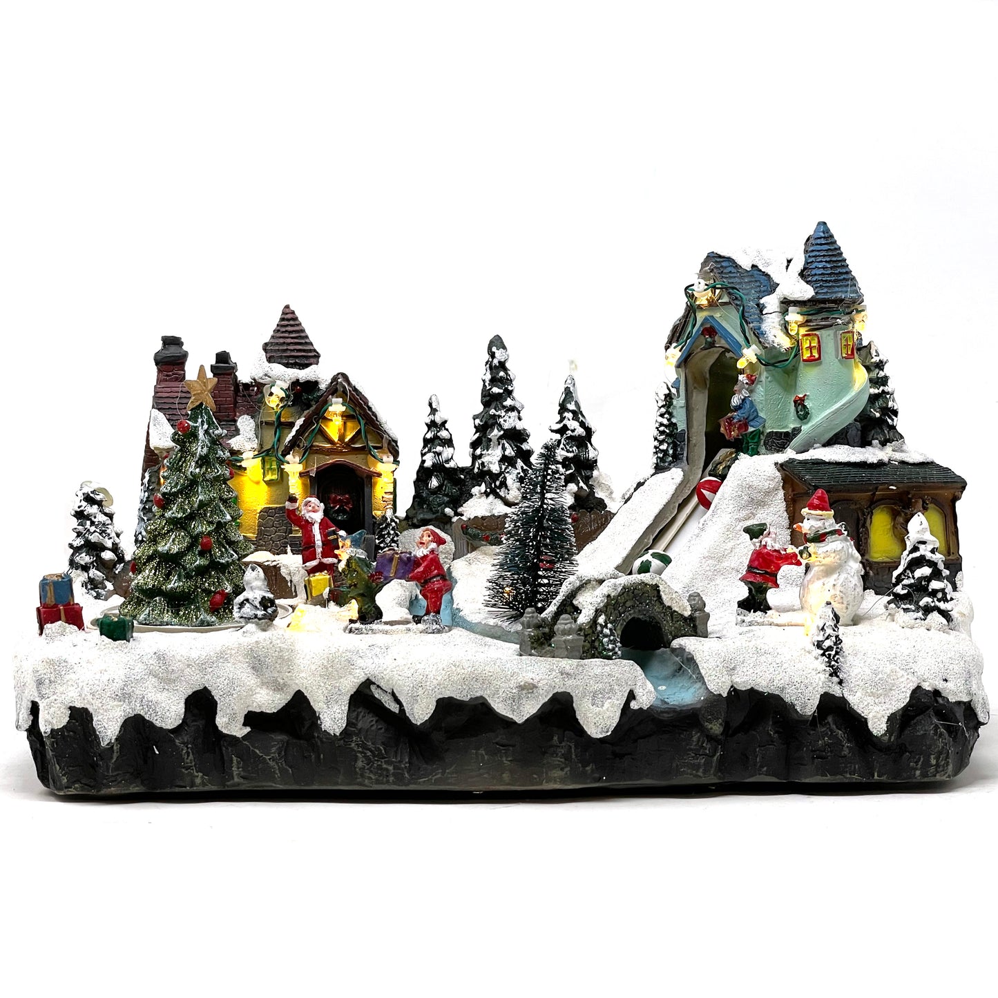 Crafted Polyresin Christmas House Collectable Figurine with USB and Battery Dual Power Source-Santa Village with Moving Toy Belt-XH93417