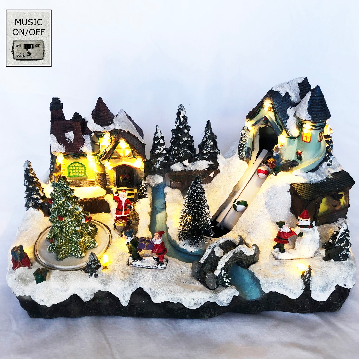 Crafted Polyresin Christmas House Collectable Figurine with USB and Battery Dual Power Source-Santa Village with Moving Toy Belt-XH93417