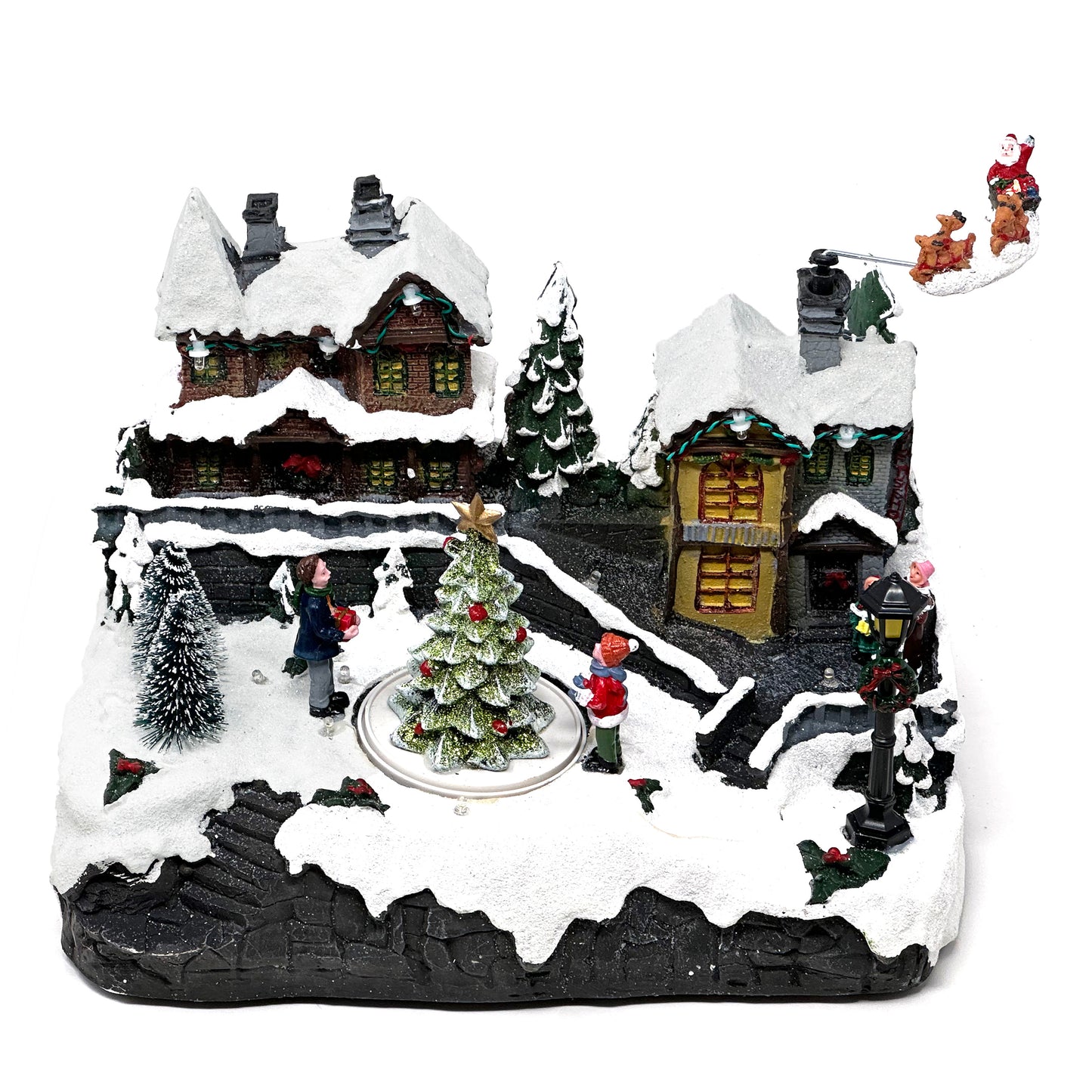 Crafted Polyresin Christmas House Collectable Figurine with USB and Battery Dual Power Source-Reindeer Flying Over Town-XH93418