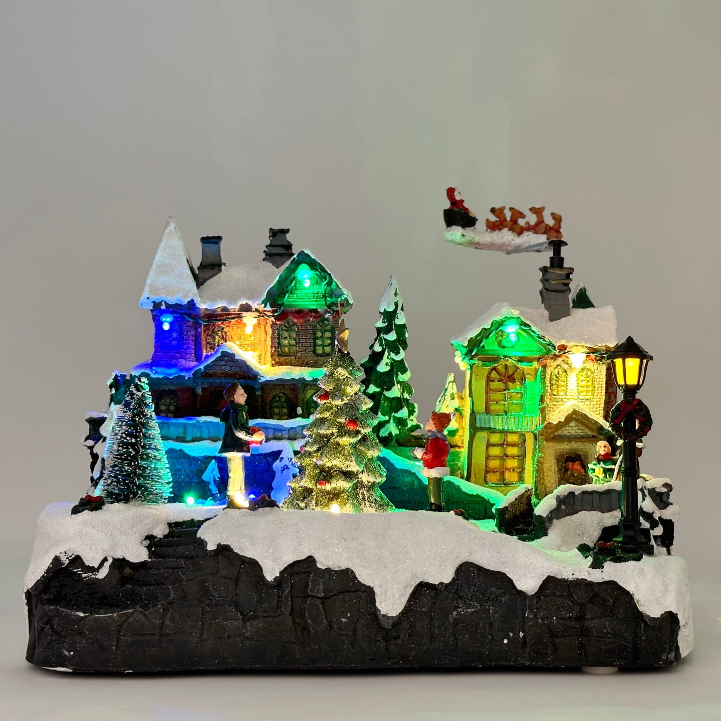 Crafted Polyresin Christmas House Collectable Figurine with USB and Battery Dual Power Source-Reindeer Flying Over Town-XH93418
