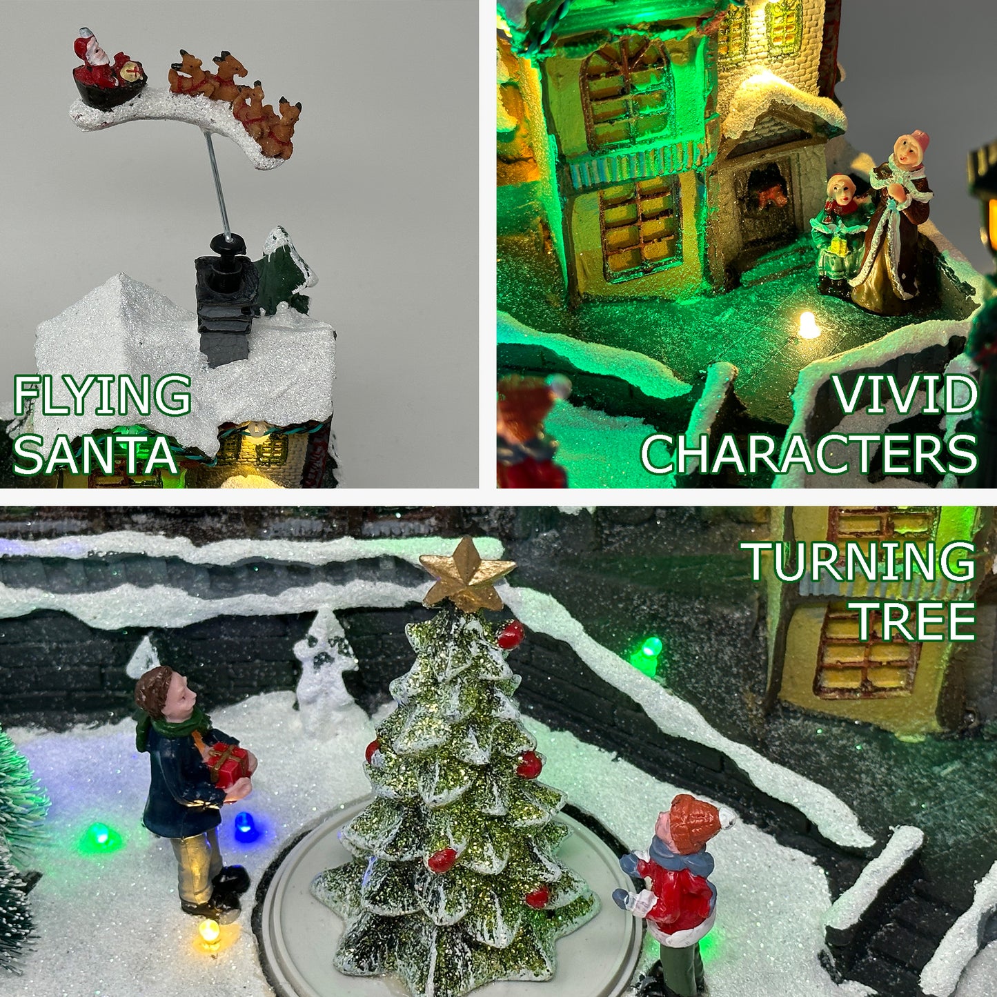 Crafted Polyresin Christmas House Collectable Figurine with USB and Battery Dual Power Source-Reindeer Flying Over Town-XH93418