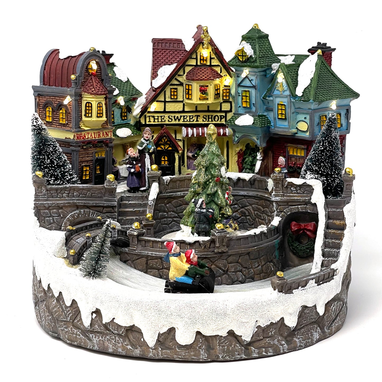 Crafted Polyresin Christmas House Collectable Figurine with USB and Battery Dual Power Source-Sledding in The Town-XH93419