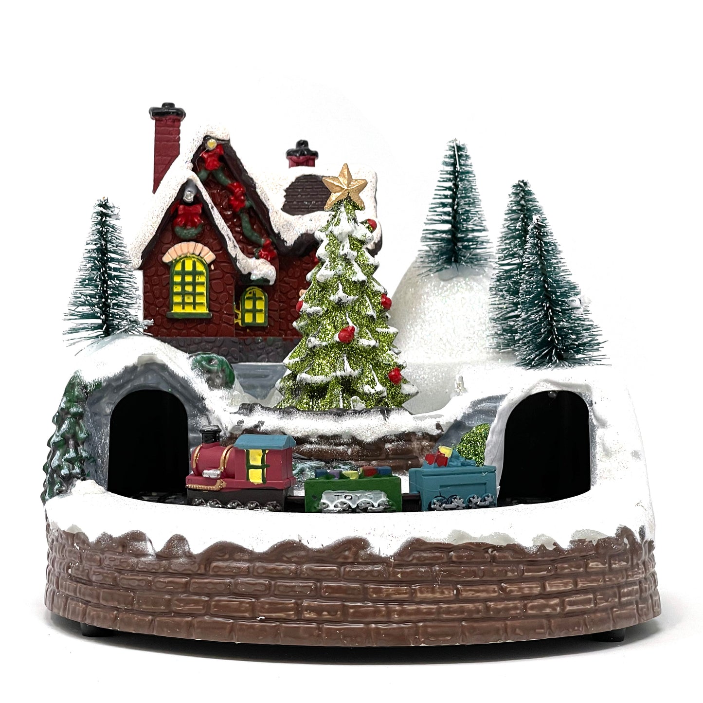 Crafted Polyresin Christmas House Collectable Figurine with USB and Battery Dual Power Source-Train Under Tree-XH93424