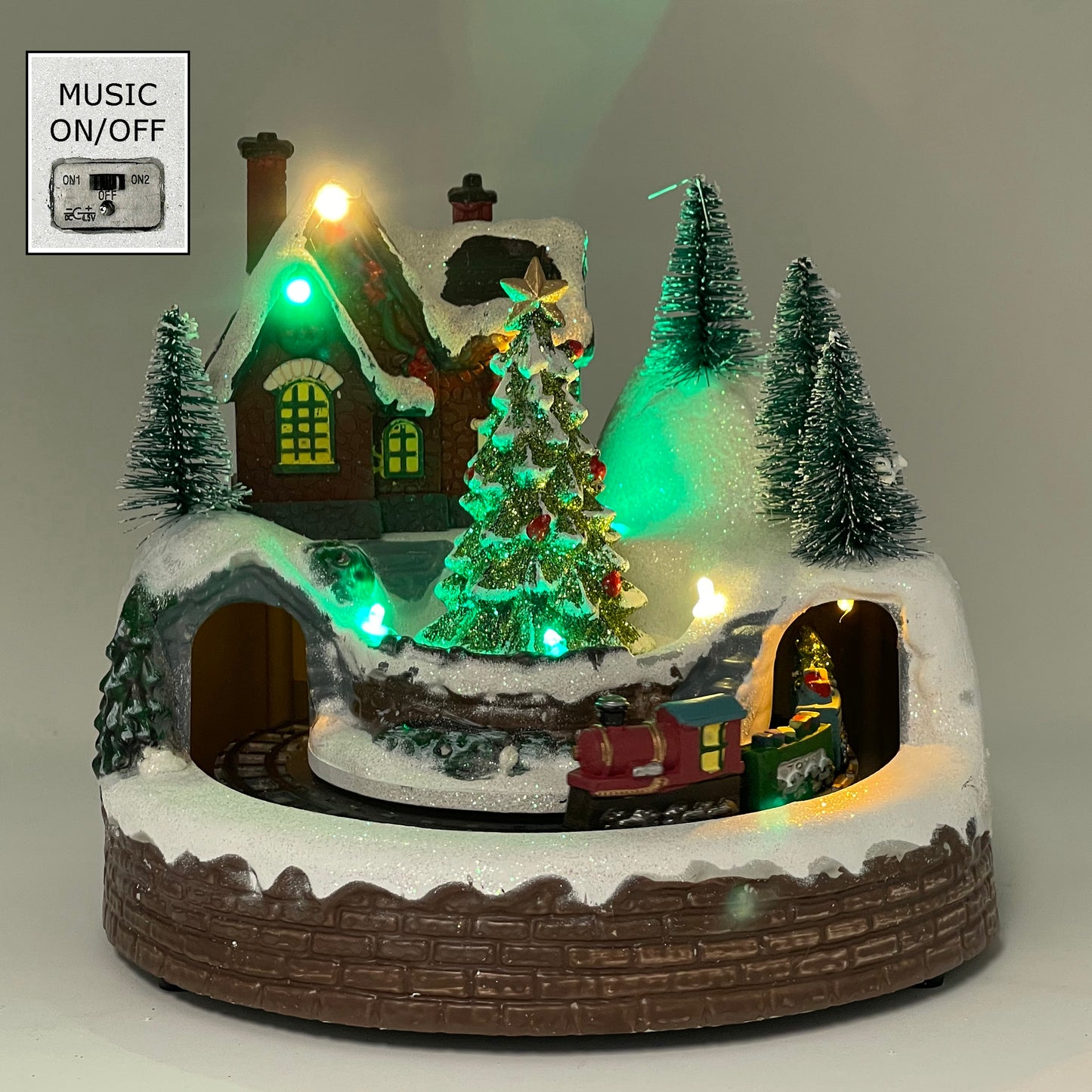 Crafted Polyresin Christmas House Collectable Figurine with USB and Battery Dual Power Source-Train Under Tree-XH93424