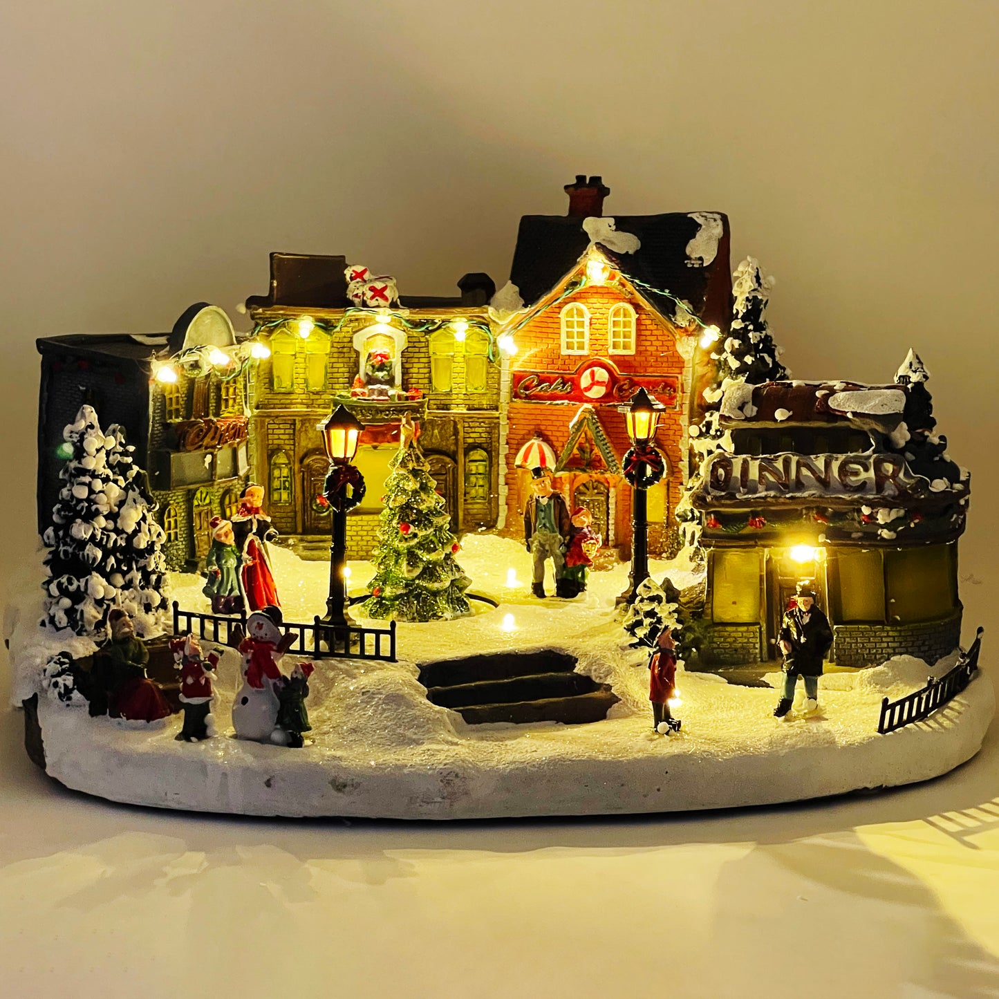 Crafted Polyresin Christmas House Collectable Figurine with USB and Battery Dual Power Source-Dinner and Tree in Village-XH93427