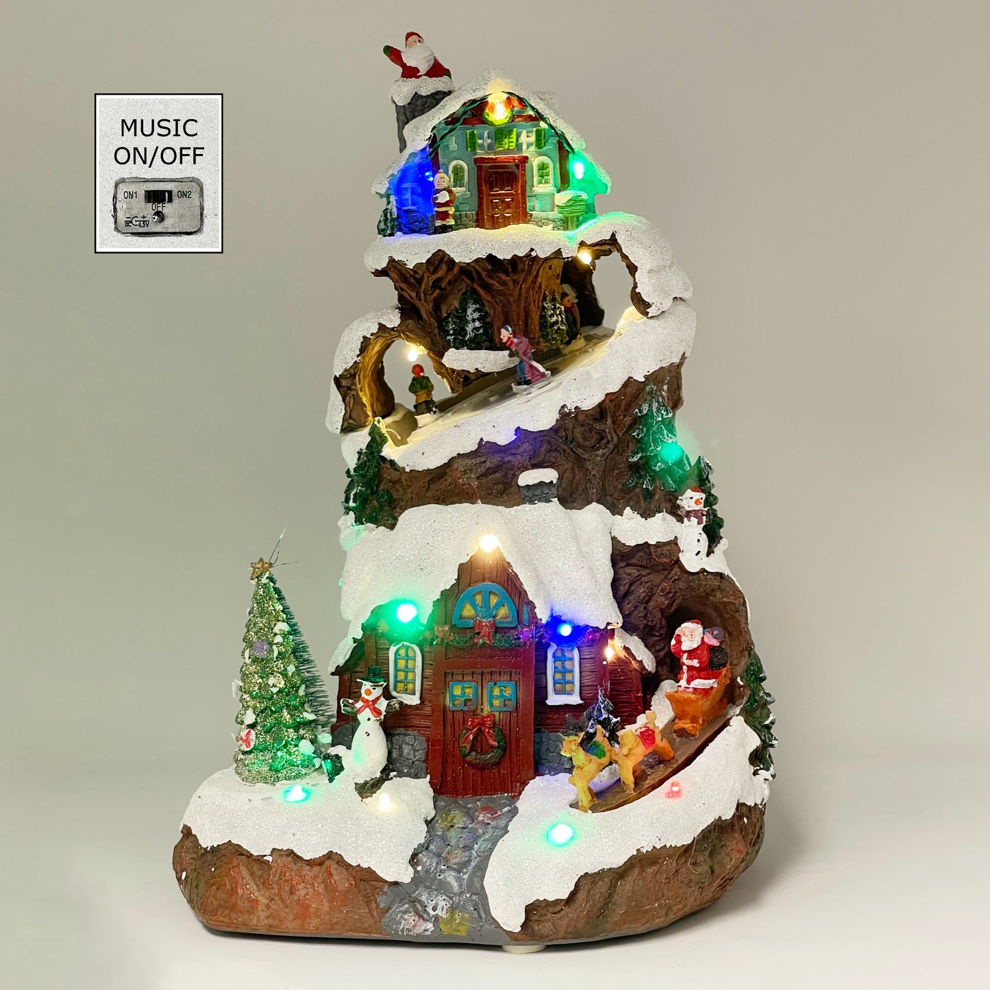 Crafted Polyresin Christmas House Collectable Figurine with USB and Battery Dual Power Source-Ski in Snow Mountain-XH93433