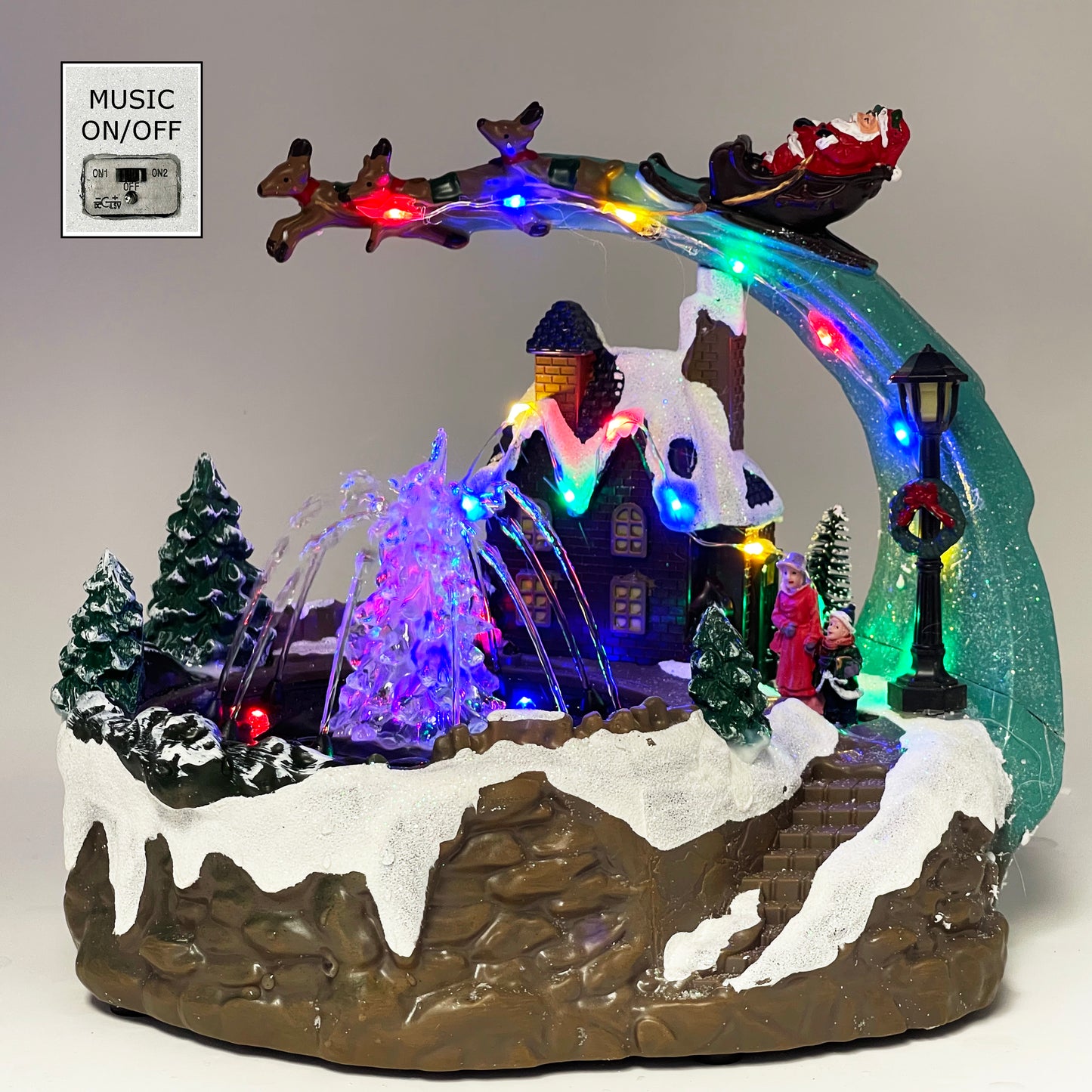 Crafted Polyresin Christmas House Collectable Figurine with USB and Battery Dual Power Source-Santa Over Fountain-XH93434