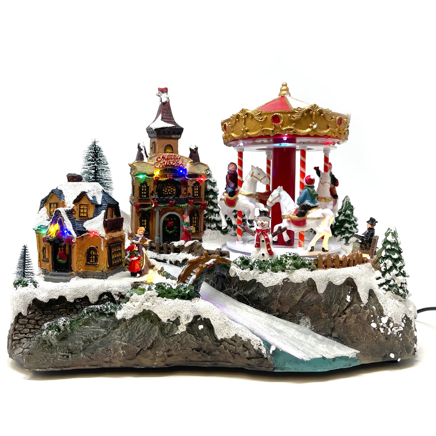 Crafted Polyresin Christmas House Collectable Figurine with USB Cable Power Source-Carousel by Colorful River-XH93435