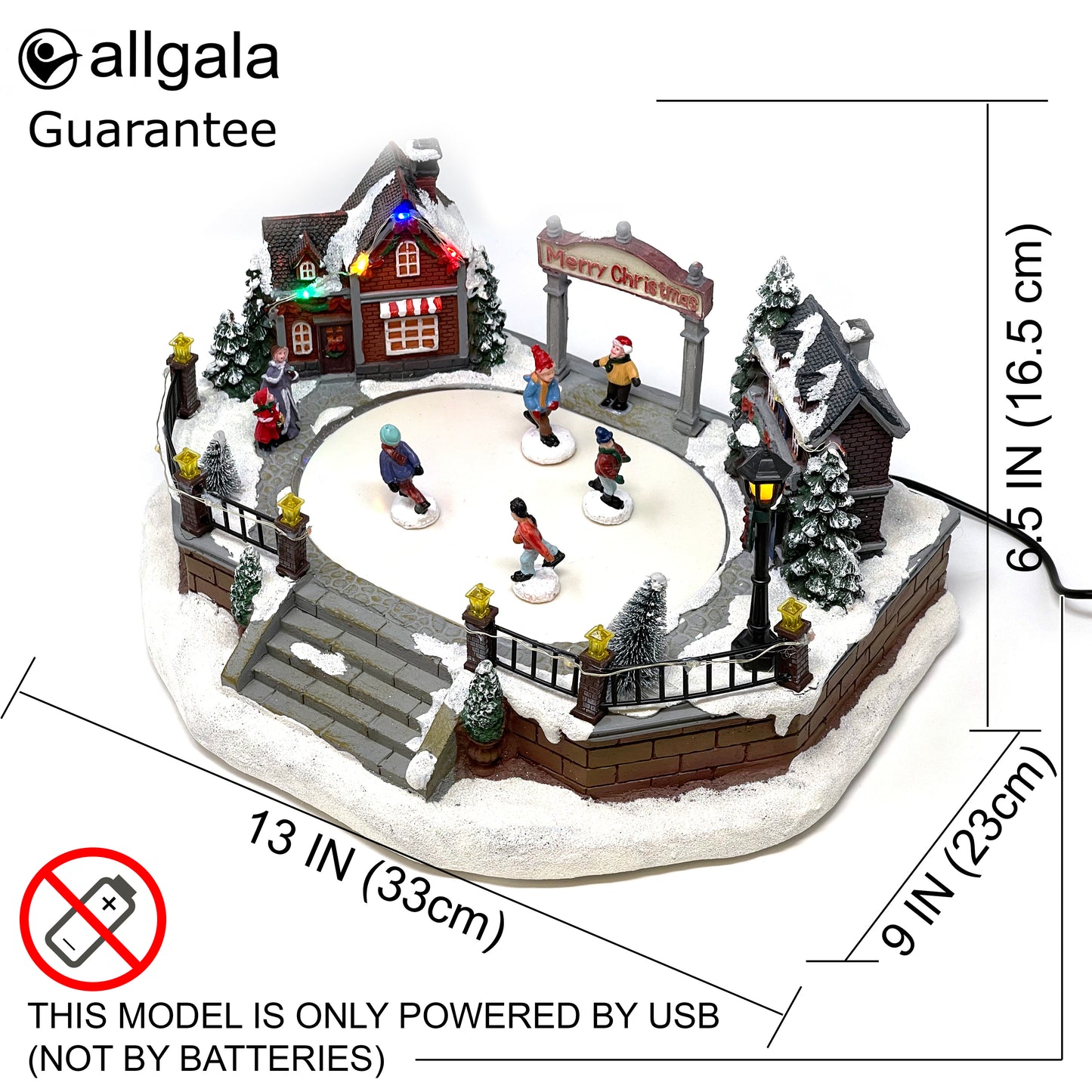 Crafted Polyresin Christmas House Collectable Figurine with USB and Battery Dual Power Source-Rink with Gliding Skaters-XH93437