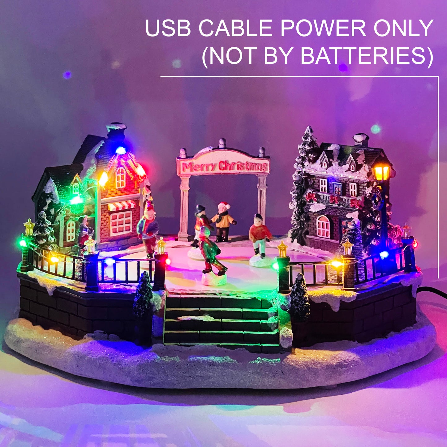 Crafted Polyresin Christmas House Collectable Figurine with USB and Battery Dual Power Source-Rink with Gliding Skaters-XH93437