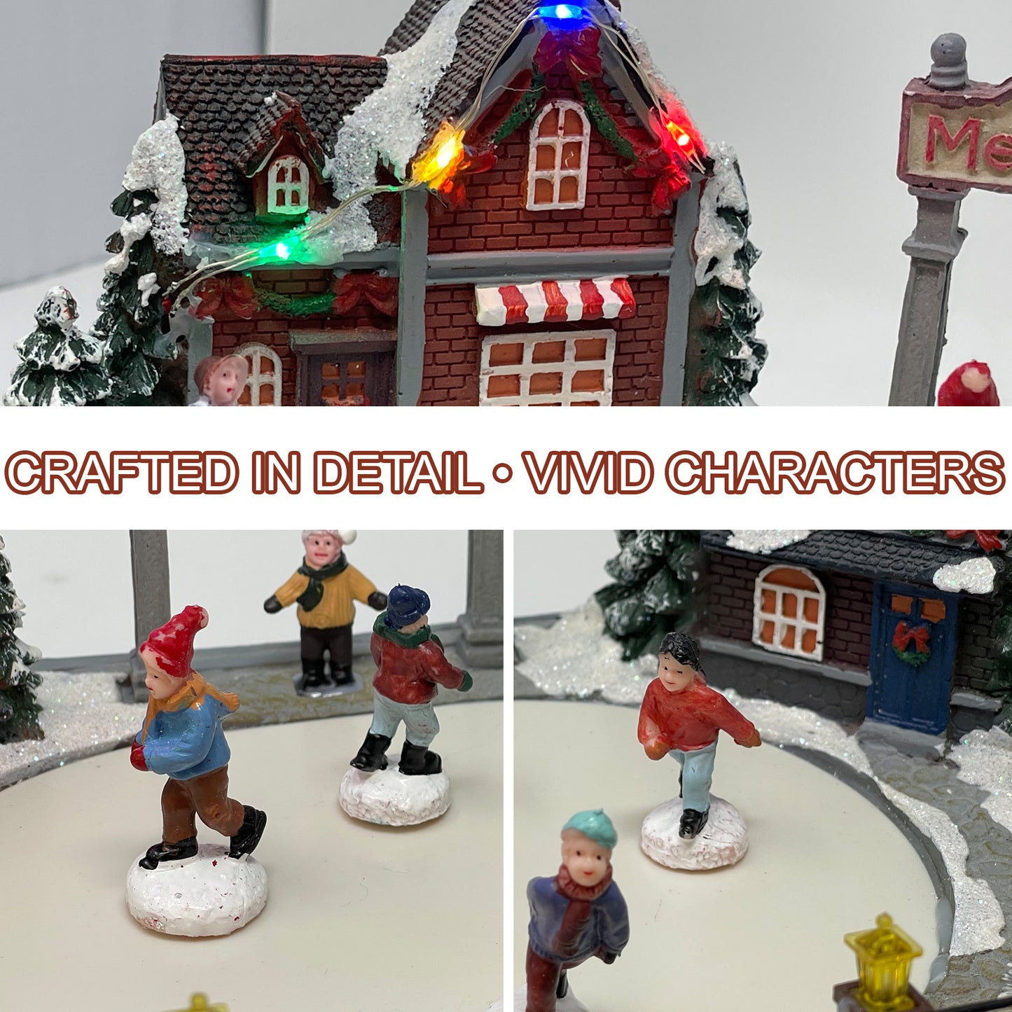 Crafted Polyresin Christmas House Collectable Figurine with USB and Battery Dual Power Source-Rink with Gliding Skaters-XH93437