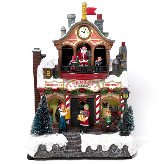 Crafted Polyresin Christmas House Collectable Figurine with USB and Battery Dual Power Source-Santa Workshop-XH93442