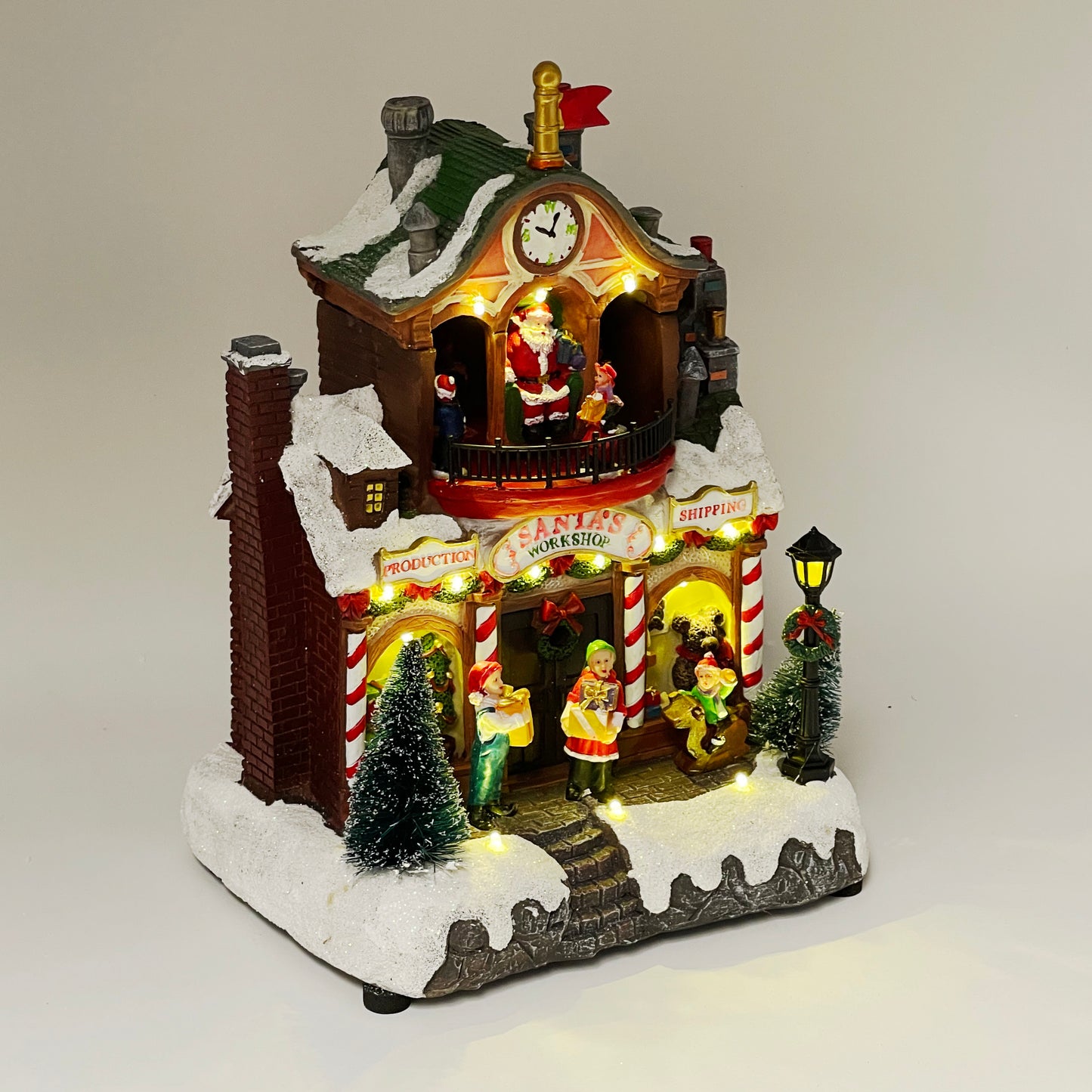 Crafted Polyresin Christmas House Collectable Figurine with USB and Battery Dual Power Source-Santa Workshop-XH93442