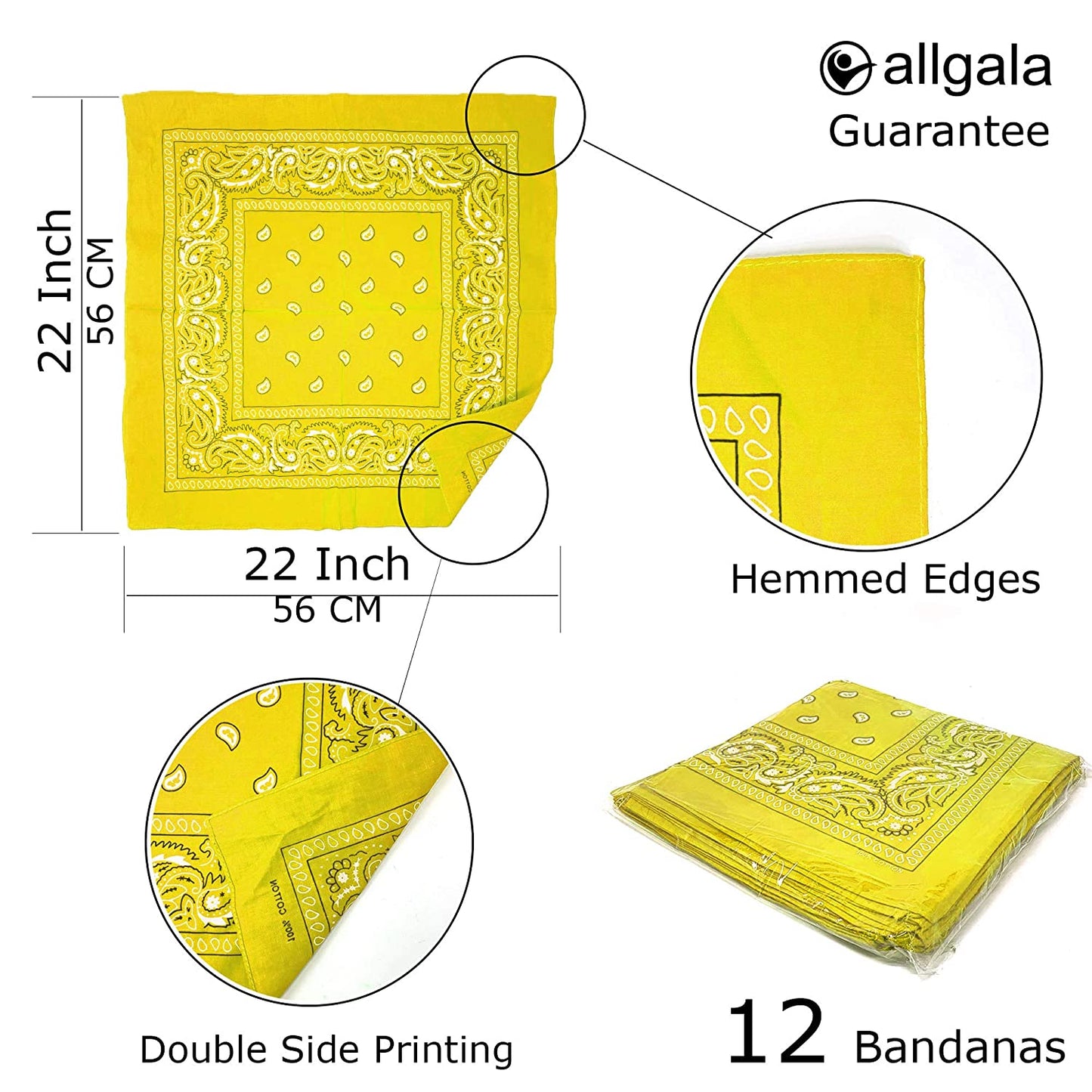 Allgala 12-pc 100% Cotton Bandanas, Paisley Pattern, Yellow