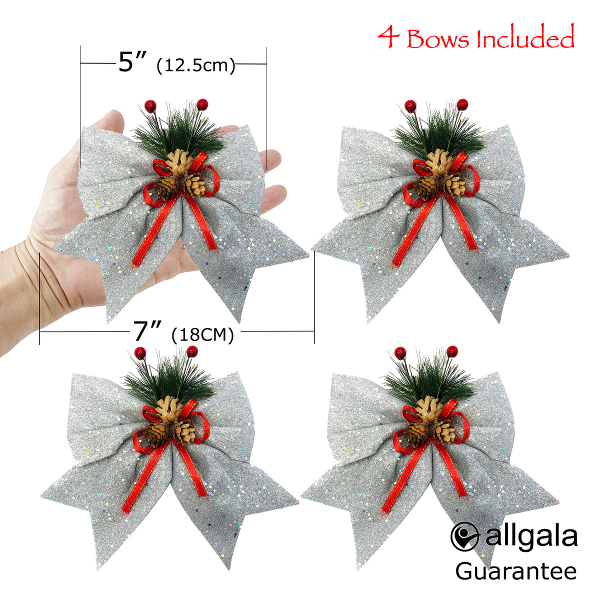 Allgala Christmas Decorative Bows for Wreaths, Garlands & Christmas Trees – Silver