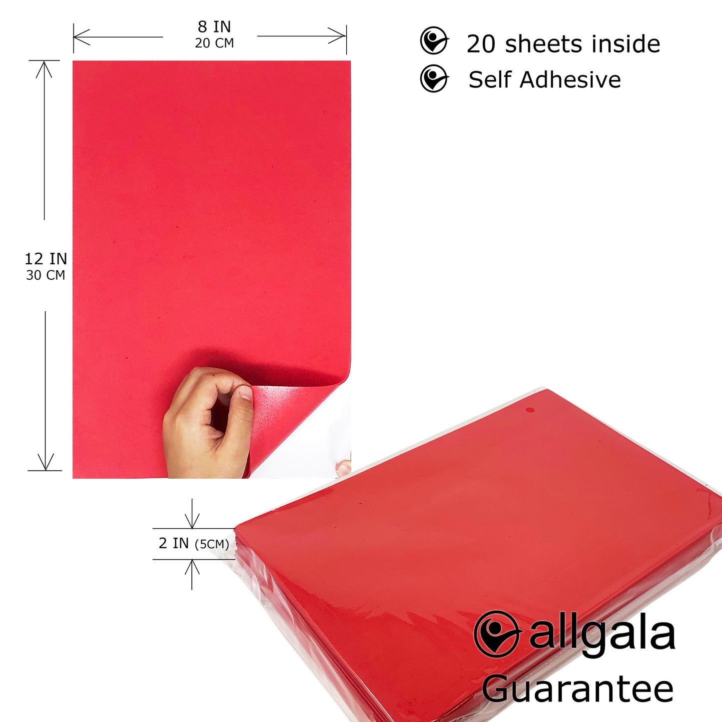 Allgala Foam Sheet 20 Pack EVA Foam Paper 8" x 12" Sheets - Self-Adhesive