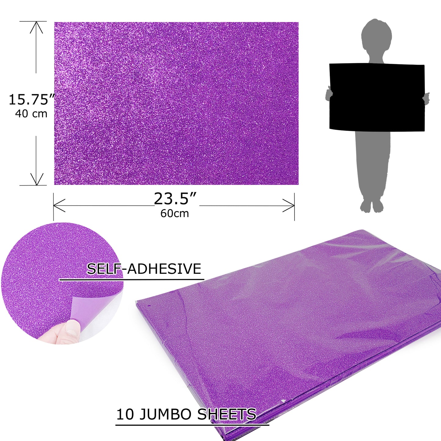 Allgala Foam Sheet 12 Pack JumboL 16"x24" Glitter EVA Foam Paper Sheets - Self-Adhesive