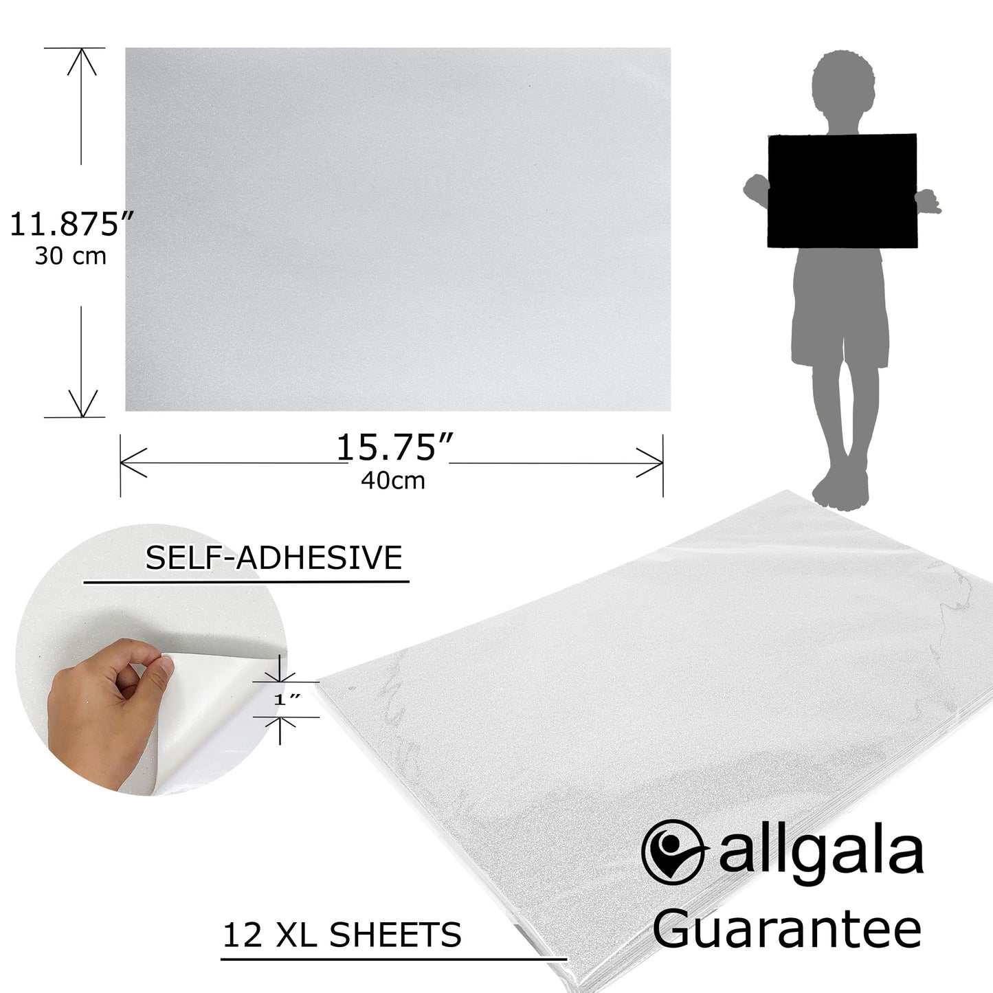 Allgala Foam Sheet 12 Pack XL 12"x16" ADHESIVE Glitter EVA Foam Paper Sheets