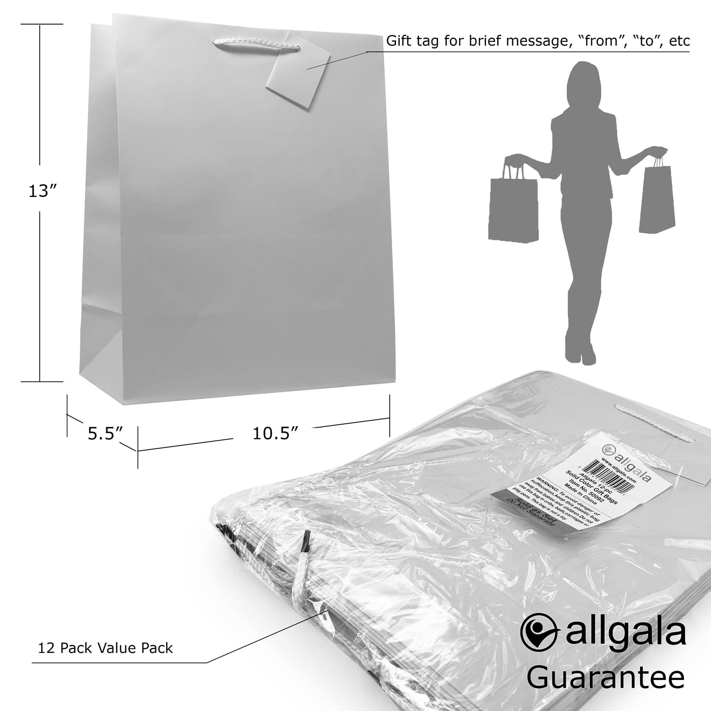 Allgala Gift Bags 12PK Value Premium 13" Large 157GSM Art Paper Solid Color Paper Gift Bags with Matte Lamination