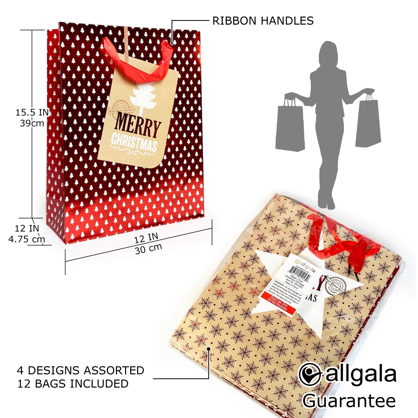 Allgala Gift Bags Christmas 12-PC Premium Metallic Foil Hotstamping Gift Bag - GP9105B