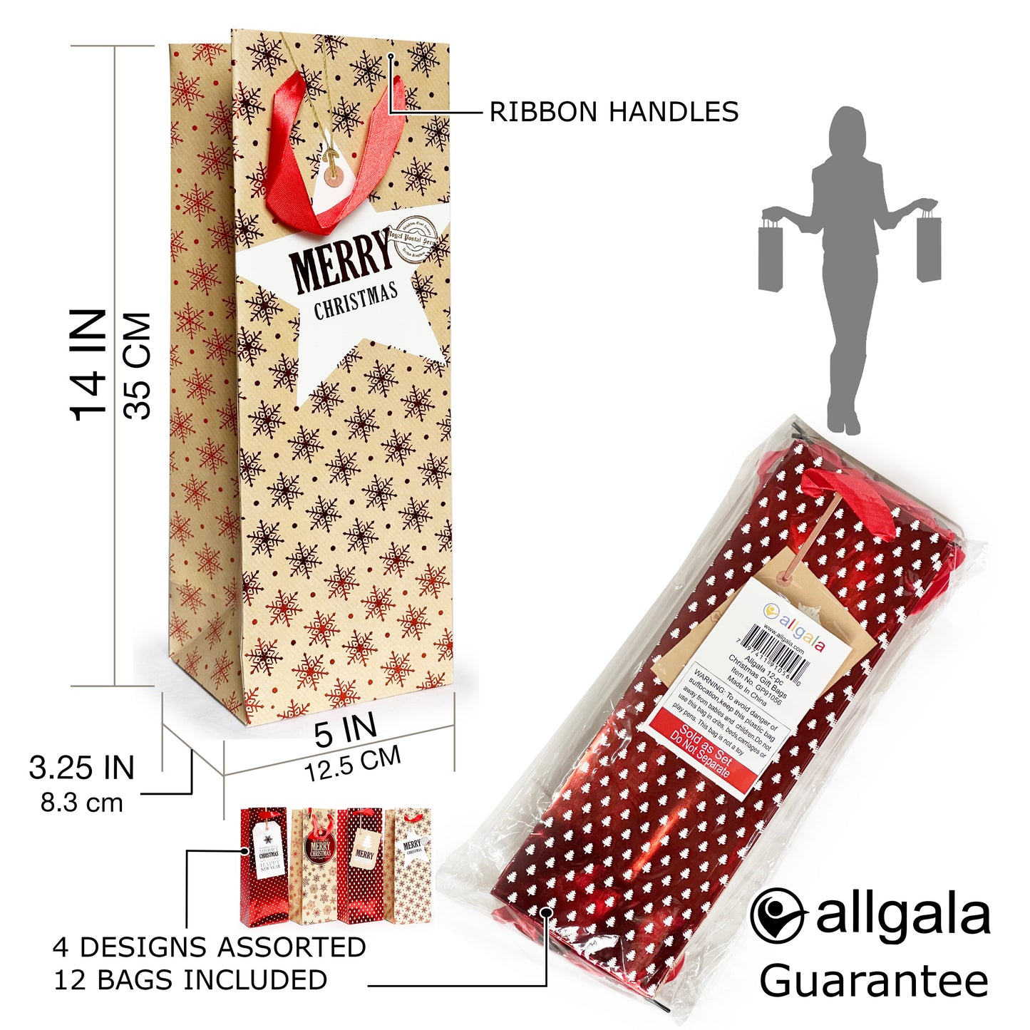 Allgala Gift Bags Christmas 12-PC Premium Metallic Foil Hotstamping Gift Bag - GP9105B