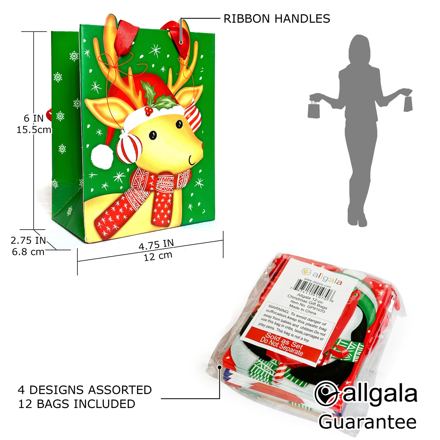 Allgala Gift Bags Christmas 12-PC Premium Vivid Cartoon Cutout Design with Glitter Gift Bag - GP9107B