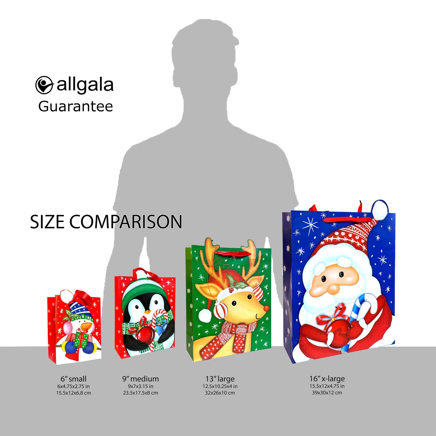 Allgala Gift Bags Christmas 12-PC Premium Vivid Cartoon Cutout Design with Glitter Gift Bag - GP9107B
