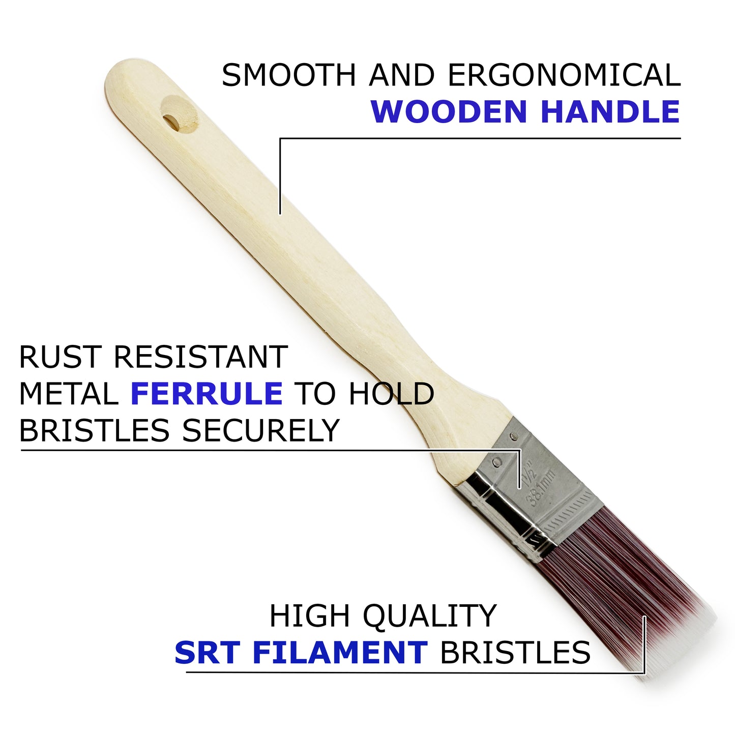 Allgala Paint Brushes 3-PK 1"+1.5"+2 Set for All Surface with Premium Wood Handle and Durable Filament Bristles