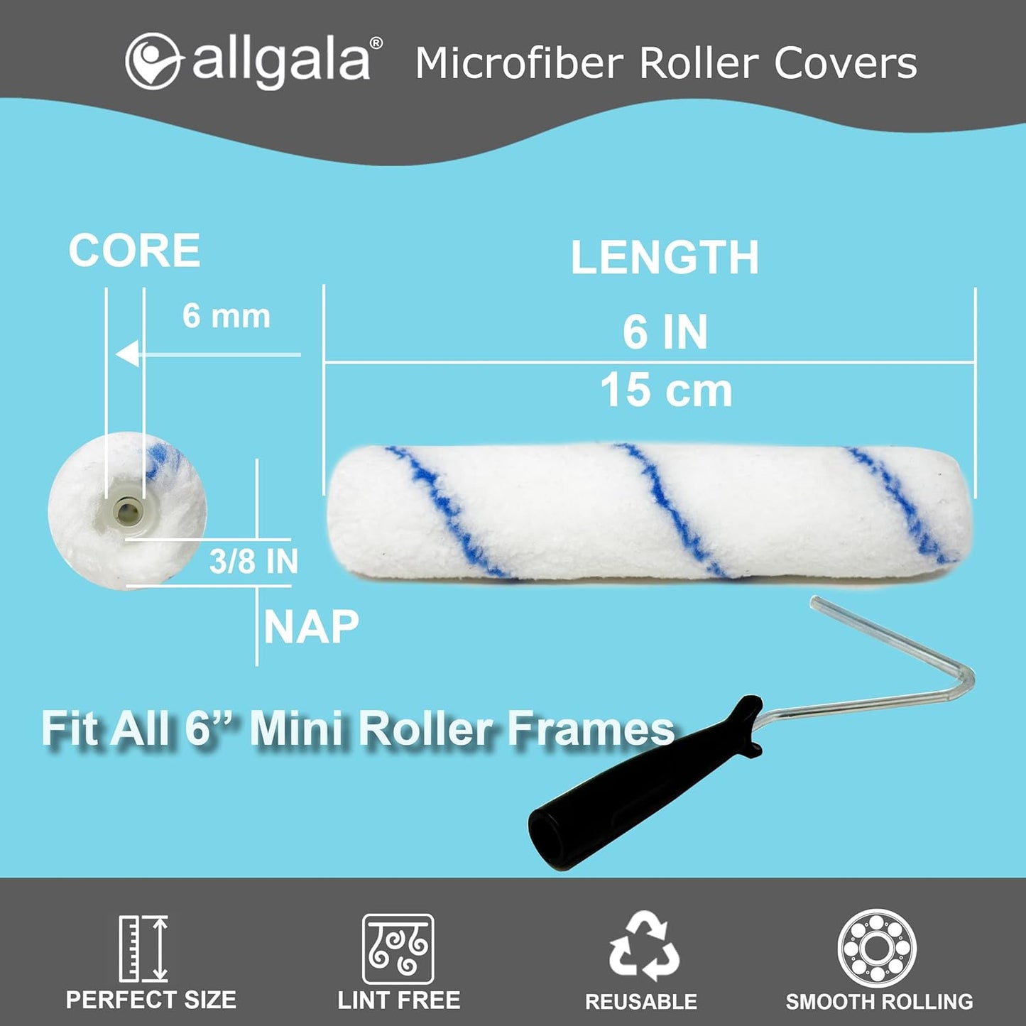 Allgala Paint Roller 6" Mini 3/8" Nap Shedless Microfiber Paint Roller Cover - TH10380