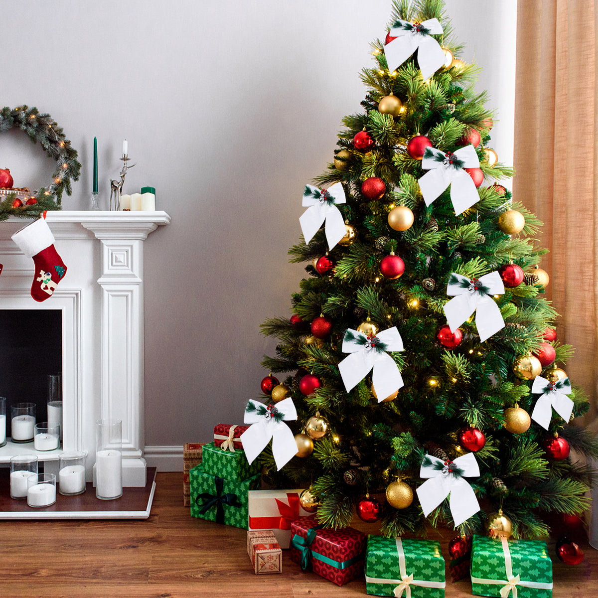 White velvet Christmas bows in holiday decor
