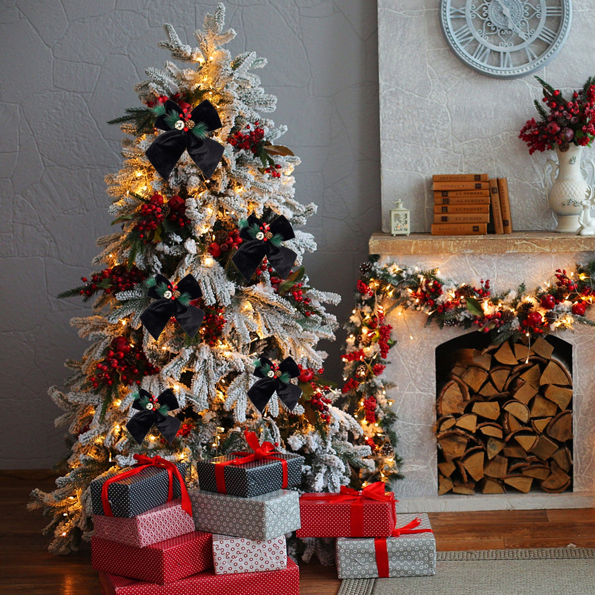 Black velvet Christmas bows in holiday decor