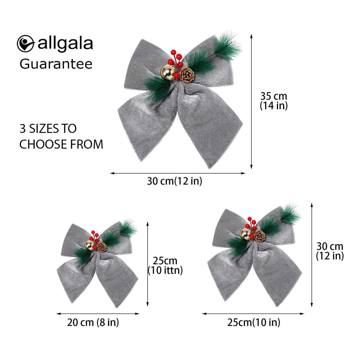 Allgala Silver Velvet Christmas Bows – 6 Pack