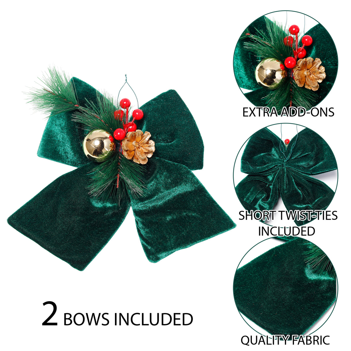 Allgala Green Velvet Christmas Bows – 6 Pack