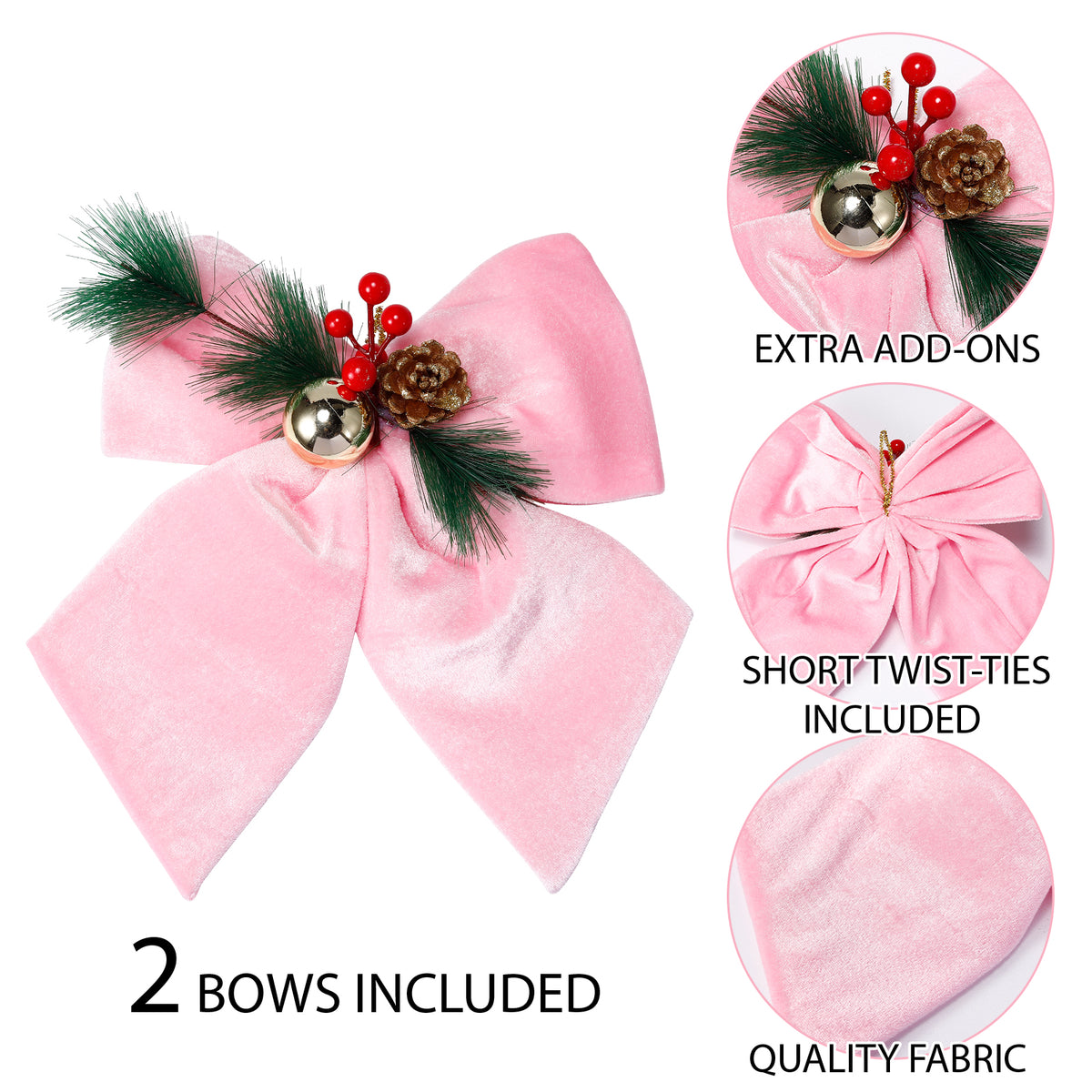Allgala Pink Velvet Christmas Bows – 6 Pack