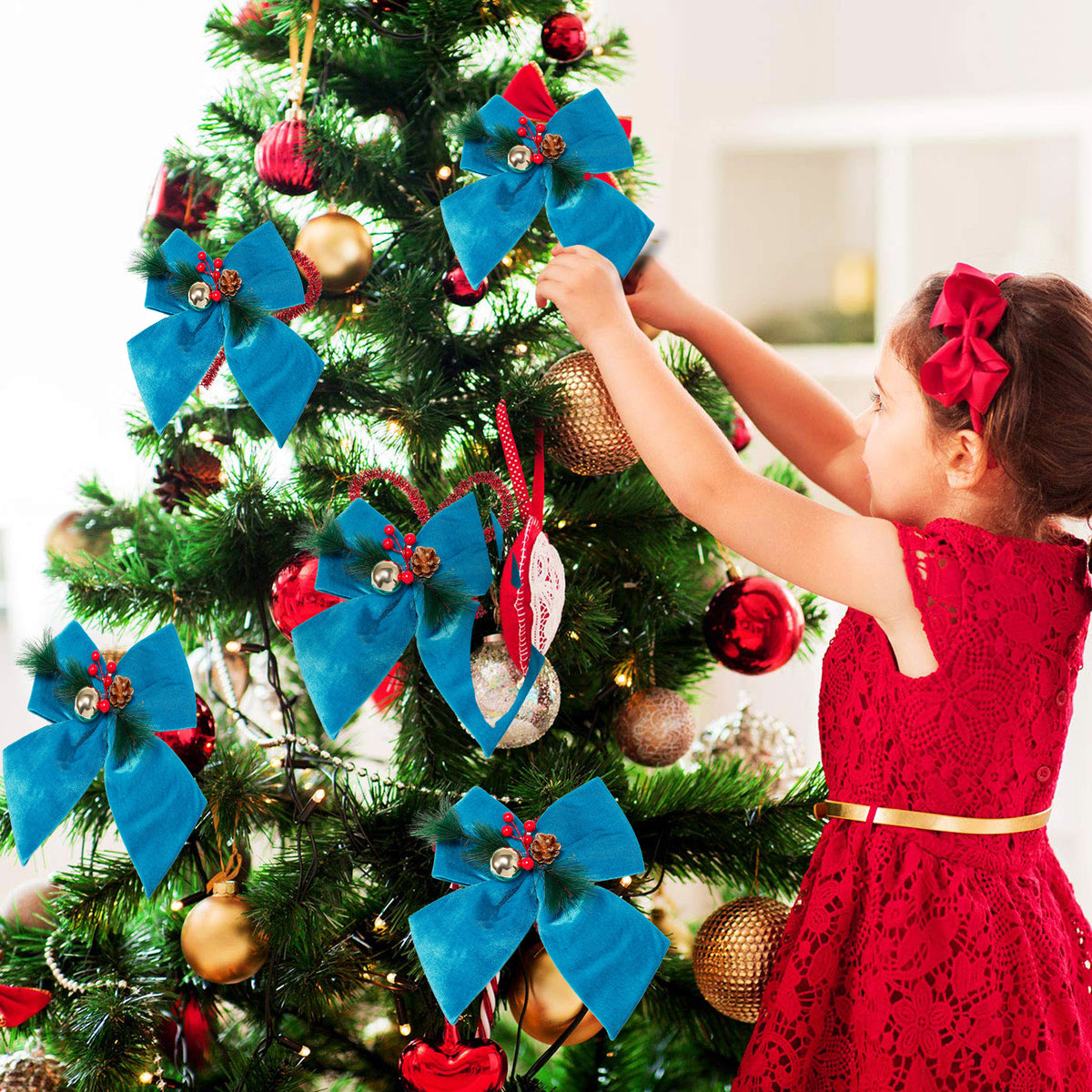 Allgala Turquoise Velvet Christmas Bows – 6 Pack