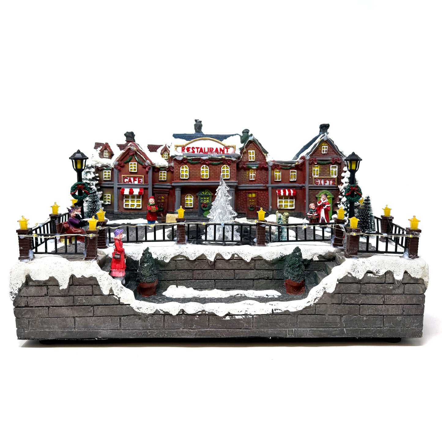 Crafted Polyresin Christmas House Collectable Figurine with USB Cable Power Source-Fountain in Town Center-XH93438